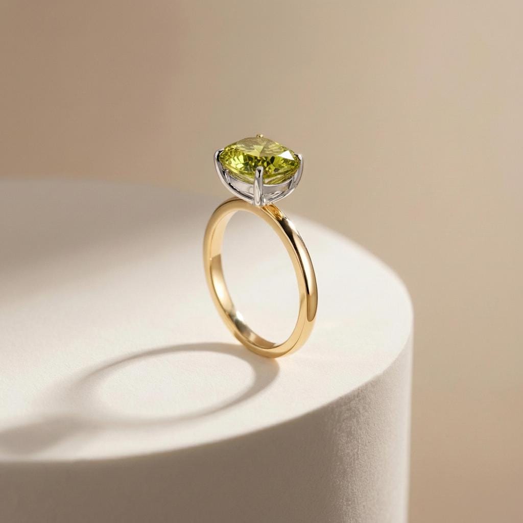 2.0 CT East West Oval Cut Peridot Birthstone Ring For Mom, Yellow Gold Vermeil Two Tone Ring, Dainty Travel Engagement Ring