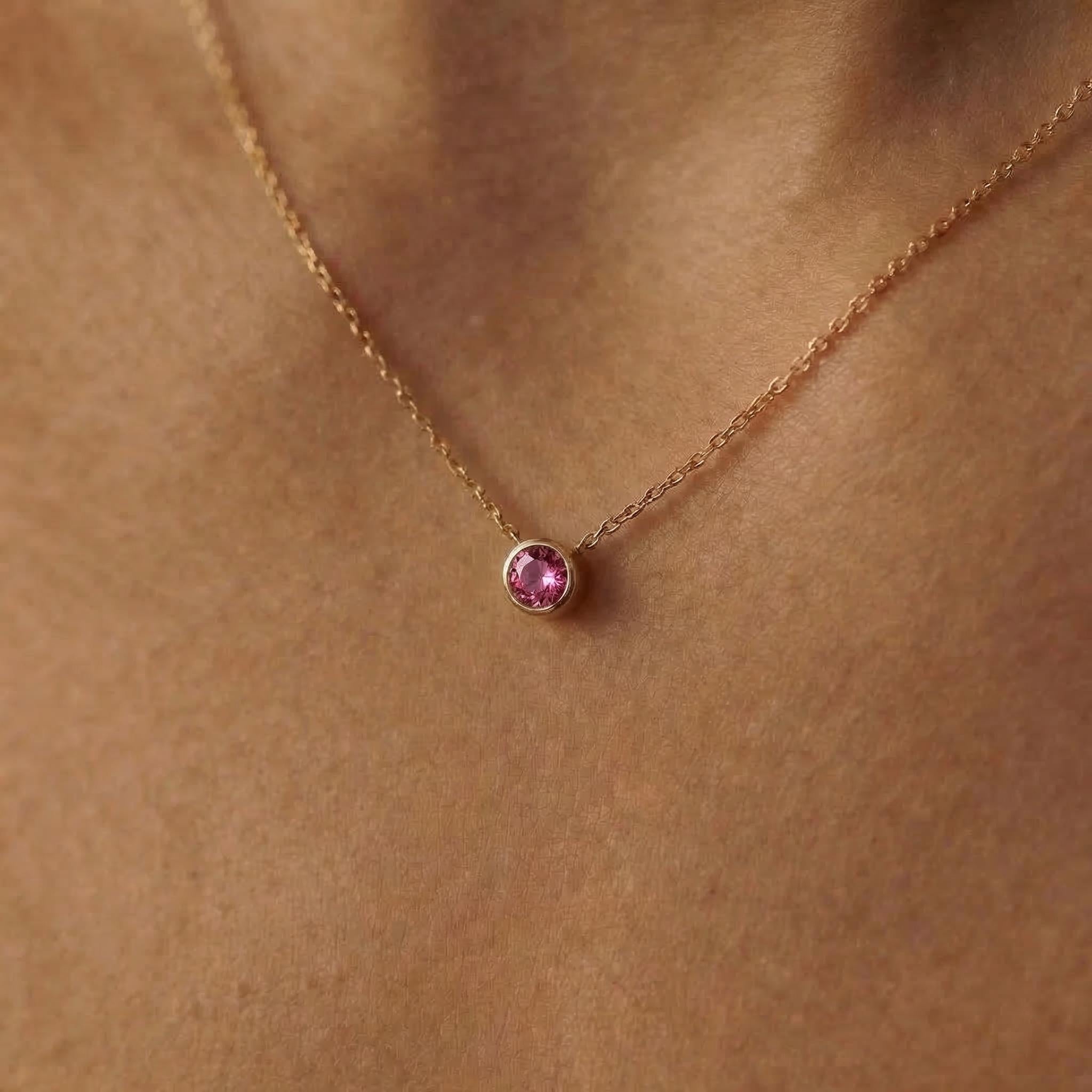 Dainty Gold Pink Gemstone Necklace | Delicate Bezel Set Tourmaline Pendant | October Birthstone Fine Jewelry Gift for Her