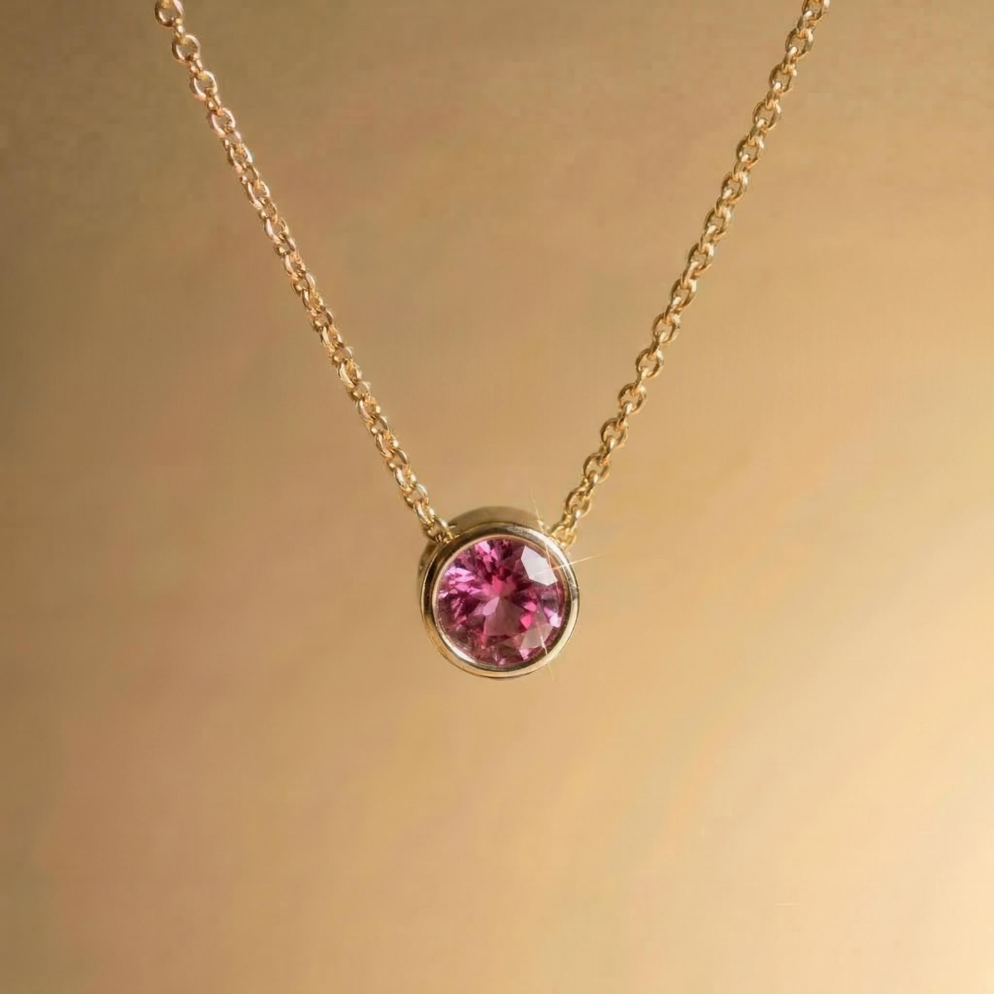 Dainty Gold Pink Gemstone Necklace | Delicate Bezel Set Tourmaline Pendant | October Birthstone Fine Jewelry Gift for Her