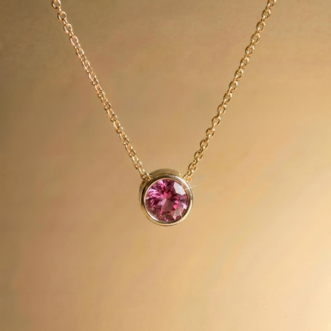 Dainty Gold Pink Gemstone Necklace | Delicate Bezel Set Tourmaline Pendant | October Birthstone Fine Jewelry Gift for Her