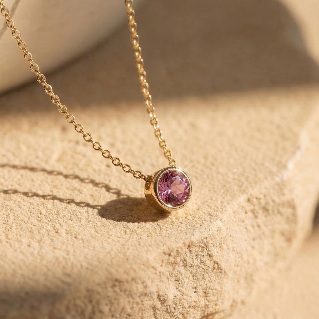 Dainty Gold Pink Gemstone Necklace | Delicate Bezel Set Tourmaline Pendant | October Birthstone Fine Jewelry Gift for Her