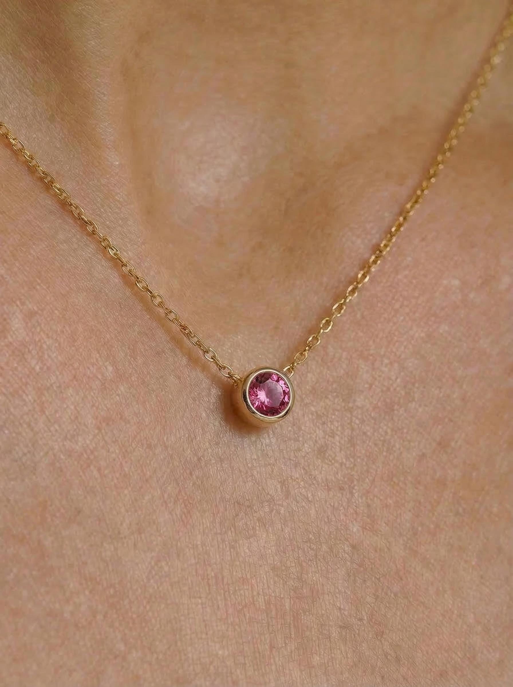 Dainty Gold Pink Gemstone Necklace | Delicate Bezel Set Tourmaline Pendant | October Birthstone Fine Jewelry Gift for Her