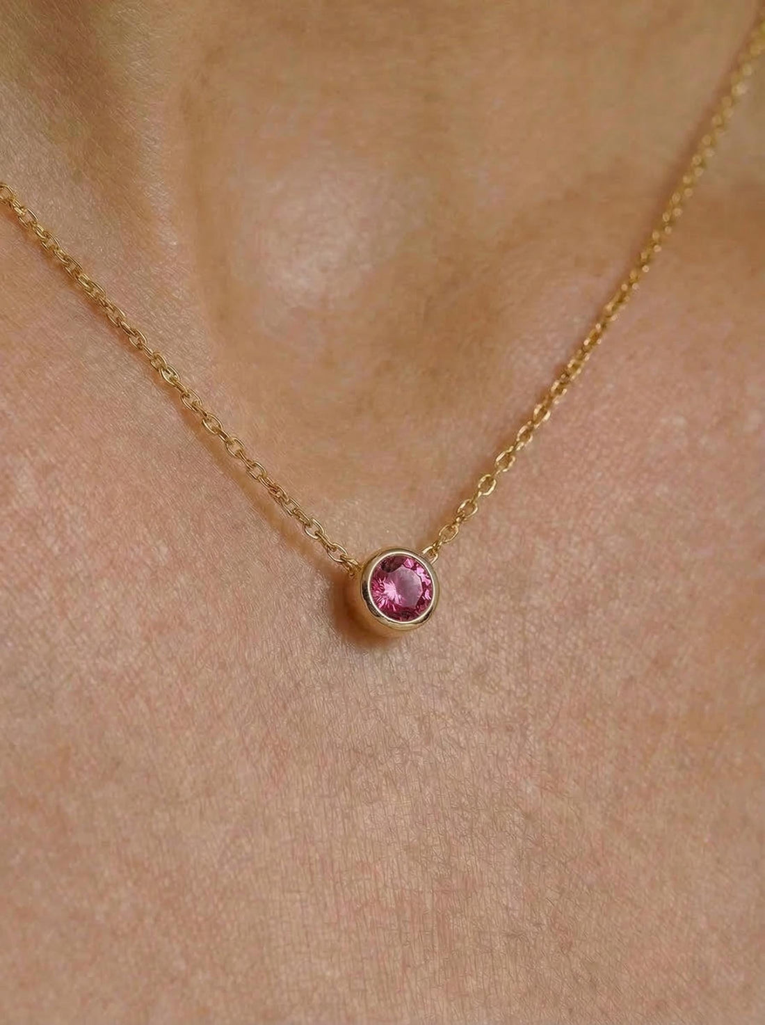 Dainty Gold Pink Gemstone Necklace | Delicate Bezel Set Tourmaline Pendant | October Birthstone Fine Jewelry Gift for Her