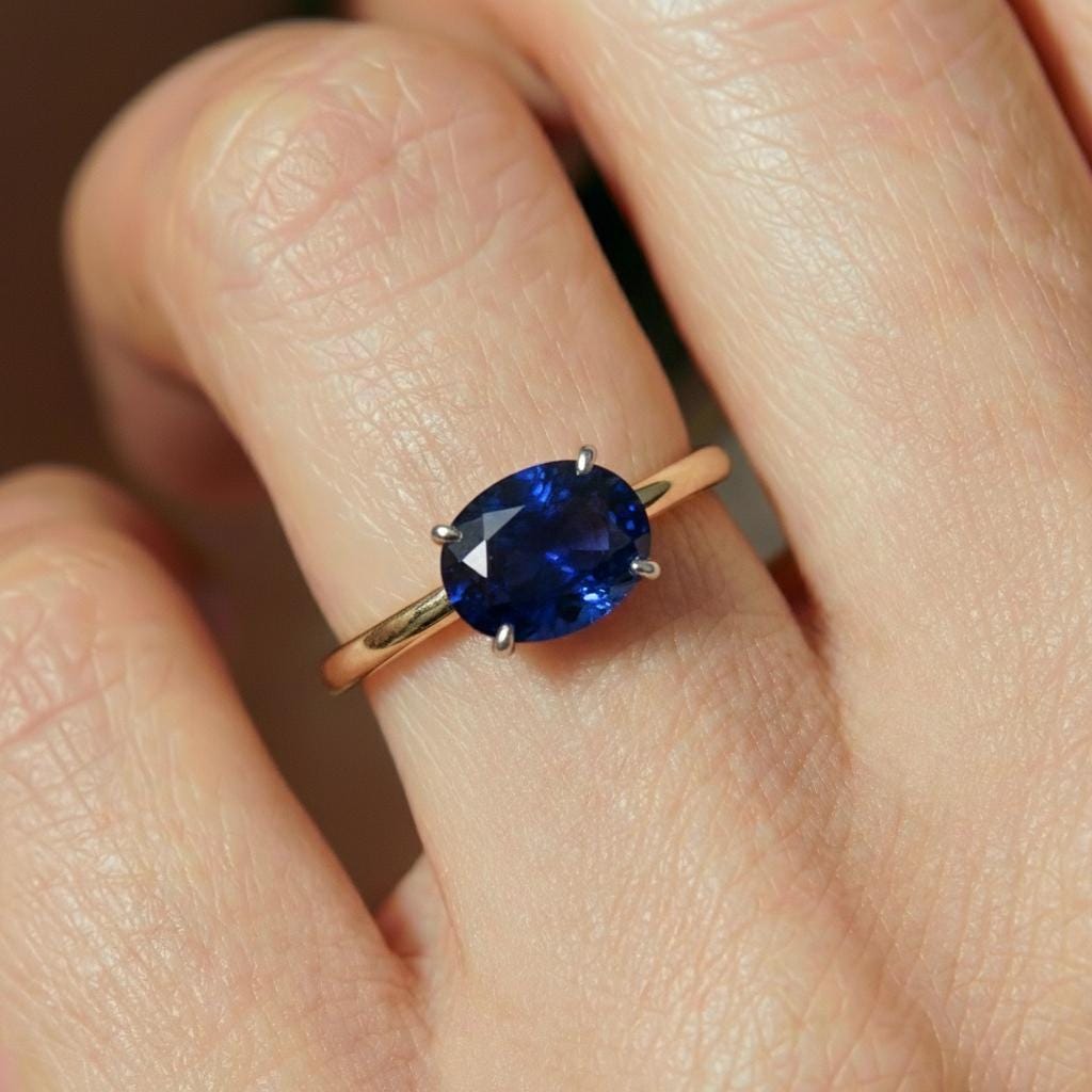 2.0 CT East West Oval Cut Sapphire Birthstone Ring for Mom, Yellow Gold Vermeil Two Tone Ring, Dainty Travel Engagement Ring