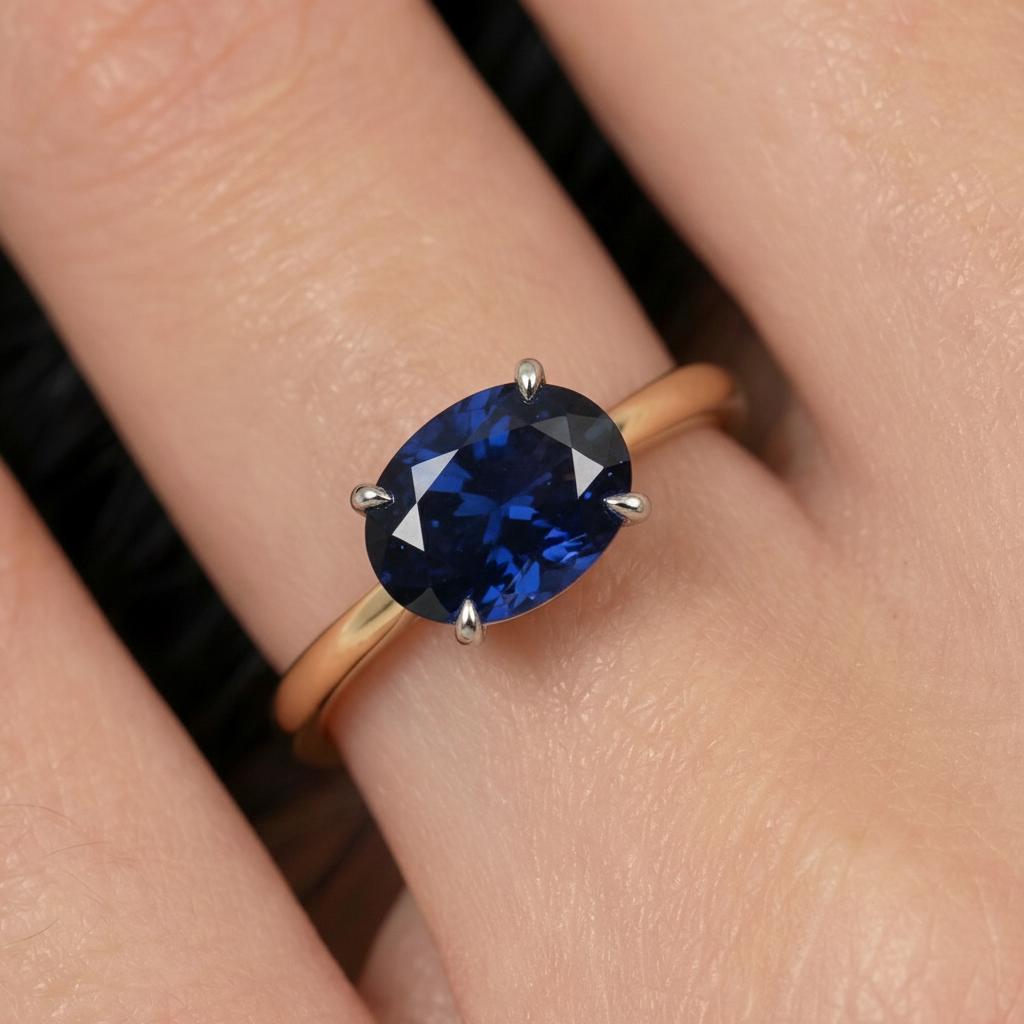 2.0 CT East West Oval Cut Sapphire Birthstone Ring for Mom, Yellow Gold Vermeil Two Tone Ring, Dainty Travel Engagement Ring