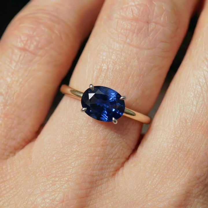 2.0 CT East West Oval Cut Sapphire Birthstone Ring for Mom, Yellow Gold Vermeil Two Tone Ring, Dainty Travel Engagement Ring