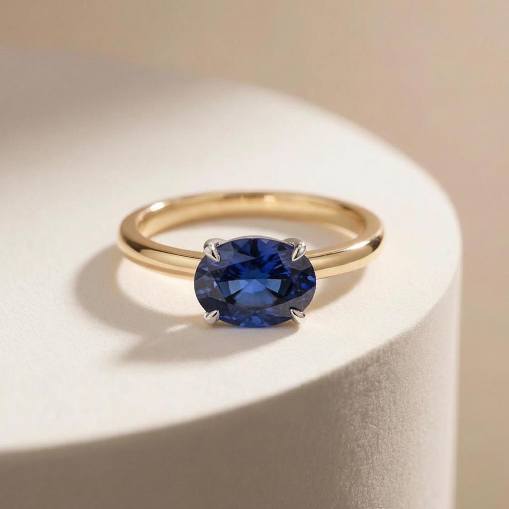 2.0 CT East West Oval Cut Sapphire Birthstone Ring for Mom, Yellow Gold Vermeil Two Tone Ring, Dainty Travel Engagement Ring