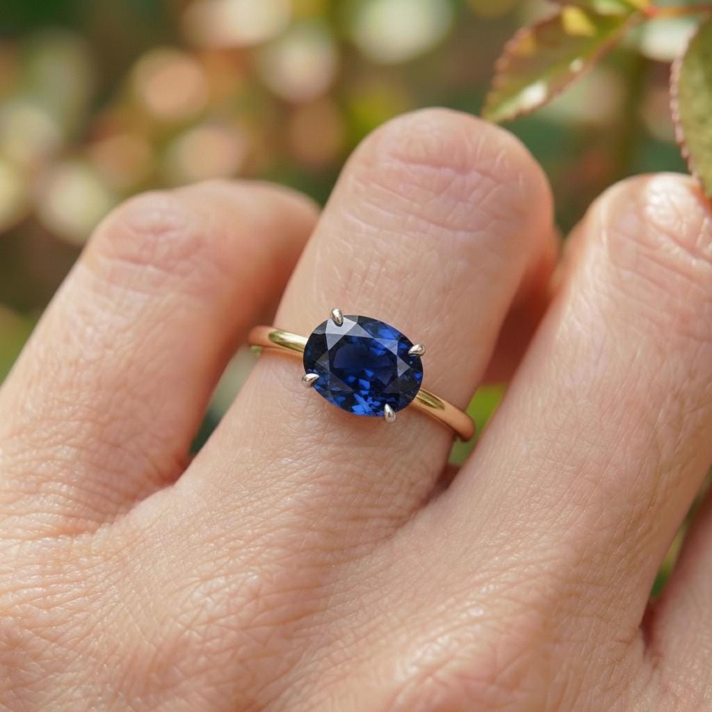 2.0 CT East West Oval Cut Sapphire Birthstone Ring for Mom, Yellow Gold Vermeil Two Tone Ring, Dainty Travel Engagement Ring