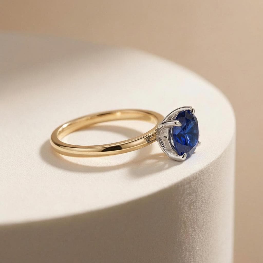 2.0 CT East West Oval Cut Sapphire Birthstone Ring for Mom, Yellow Gold Vermeil Two Tone Ring, Dainty Travel Engagement Ring