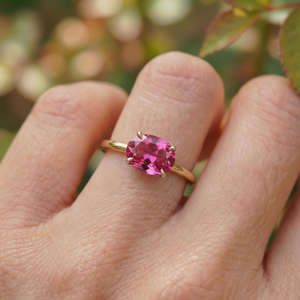 2.0 CT East West Oval Cut Pink Tourmaline Birthstone Ring, Yellow Gold Vermeil Two Tone Ring,October Engagement Ring