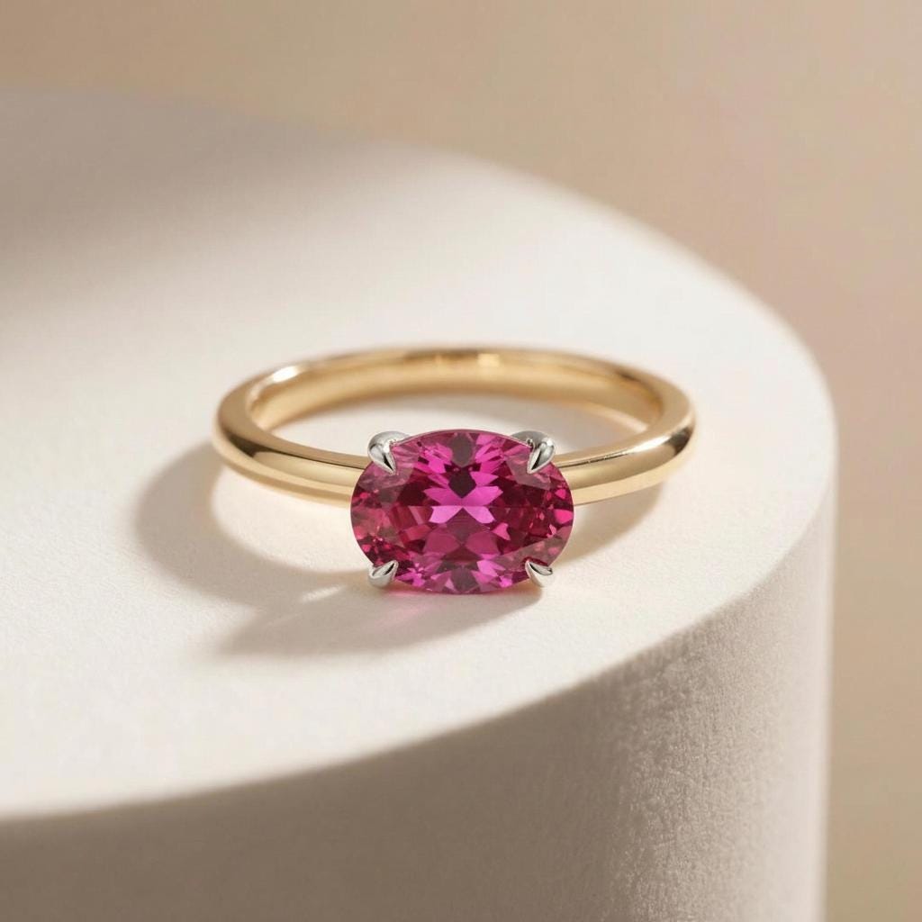 2.0 CT East West Oval Cut Pink Tourmaline Birthstone Ring, Yellow Gold Vermeil Two Tone Ring,October Engagement Ring
