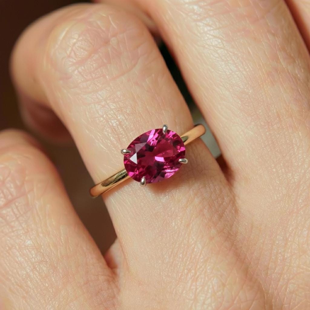 2.0 CT East West Oval Cut Pink Tourmaline Birthstone Ring, Yellow Gold Vermeil Two Tone Ring,October Engagement Ring