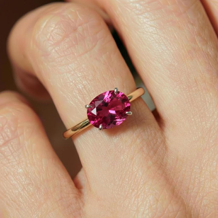 2.0 CT East West Oval Cut Pink Tourmaline Birthstone Ring, Yellow Gold Vermeil Two Tone Ring,October Engagement Ring
