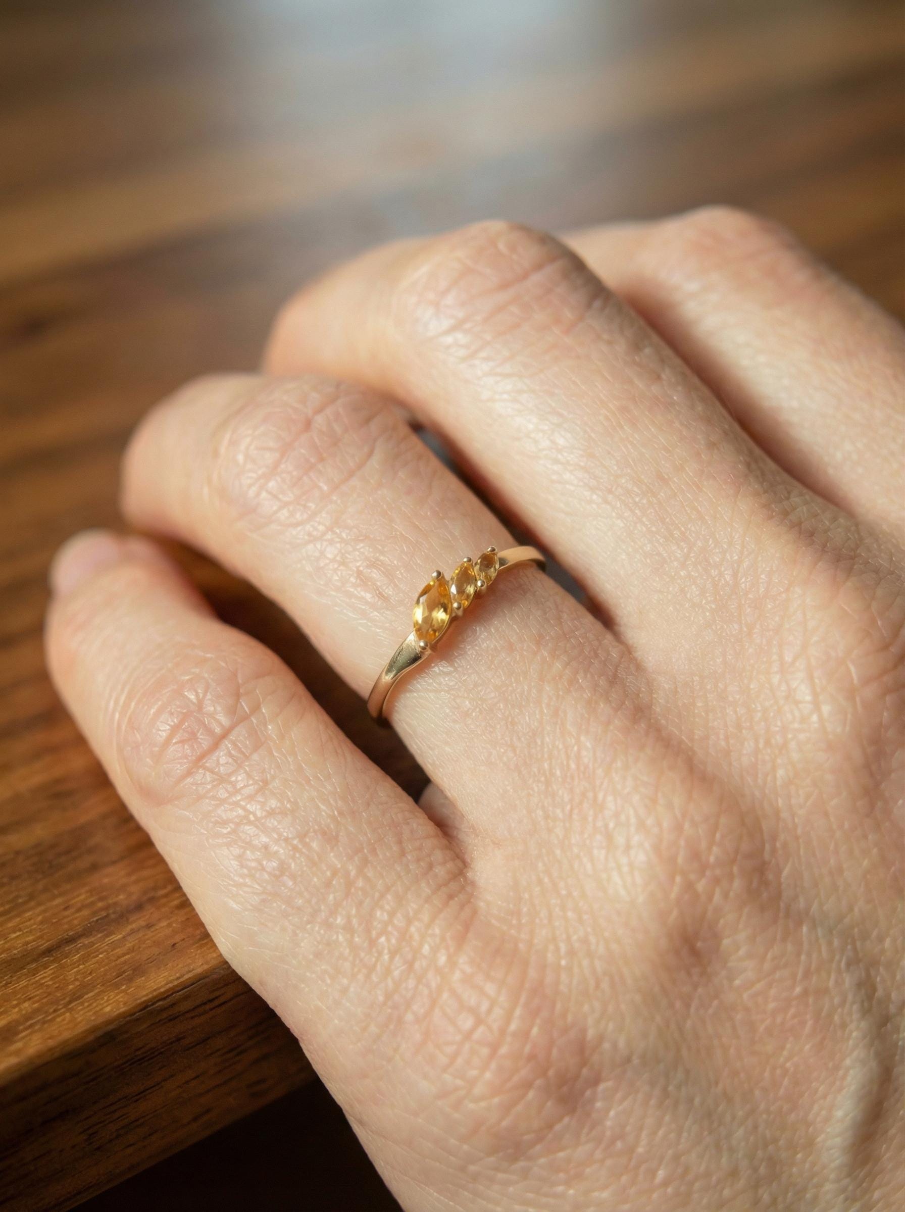 Citrine Curved Wedding Band, 18K Gold Plated Marquise Stacking Ring for Women, November Birthstone, Promise Ring Gift for Her