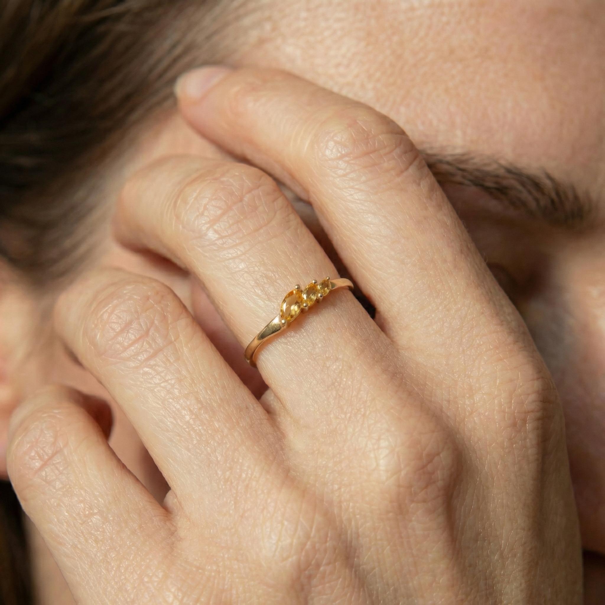 Citrine Curved Wedding Band, 18K Gold Plated Marquise Stacking Ring for Women, November Birthstone, Promise Ring Gift for Her