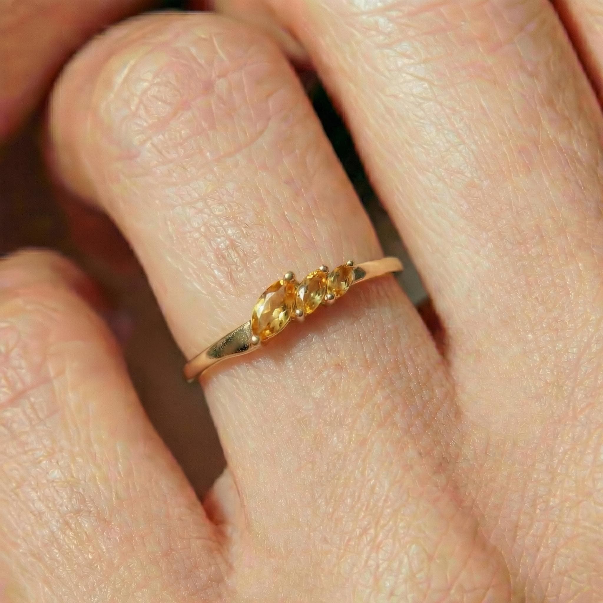 Citrine Curved Wedding Band, 18K Gold Plated Marquise Stacking Ring for Women, November Birthstone, Promise Ring Gift for Her