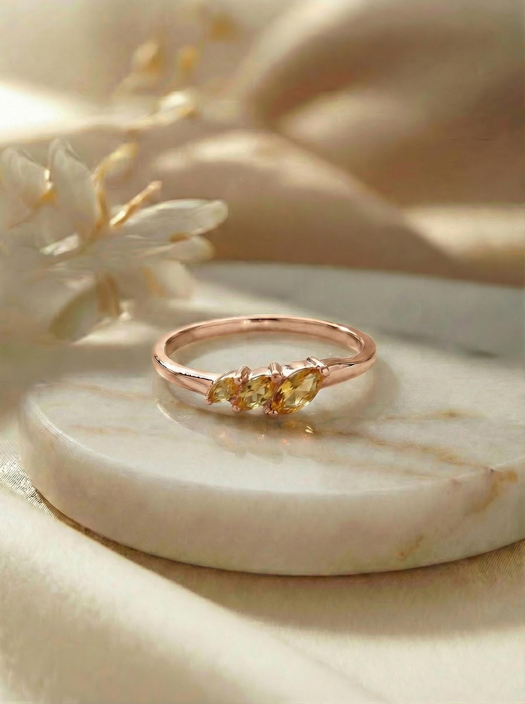Citrine Curved Wedding Band, 18K Gold Plated Marquise Stacking Ring for Women, November Birthstone, Promise Ring Gift for Her