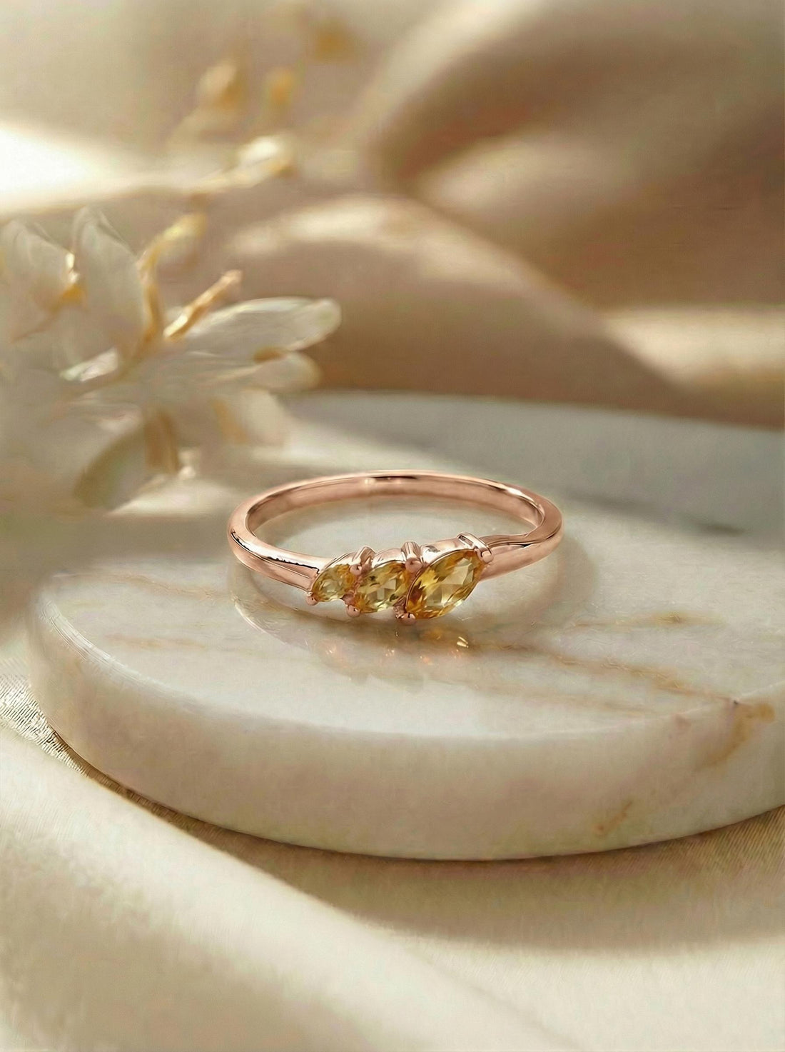 Citrine Curved Wedding Band, 18K Gold Plated Marquise Stacking Ring for Women, November Birthstone, Promise Ring Gift for Her