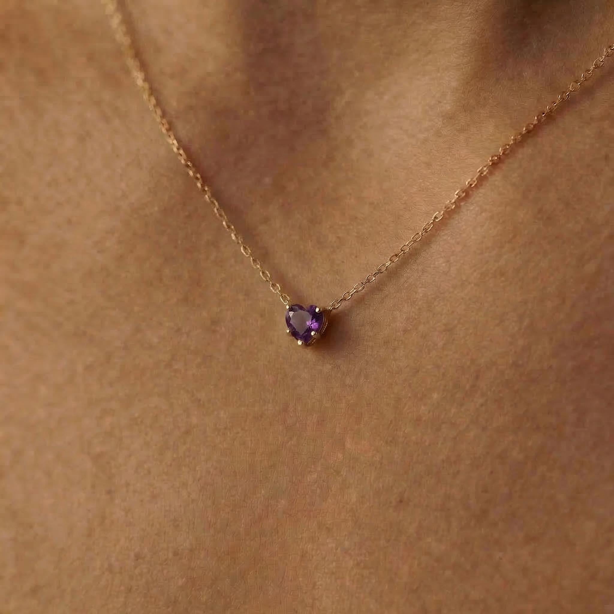 Dainty Gold Amethyst Heart Necklace, February Birthstone Pendant, Delicate Gold Love Jewelry Gift for Her, Anniversary Birthday