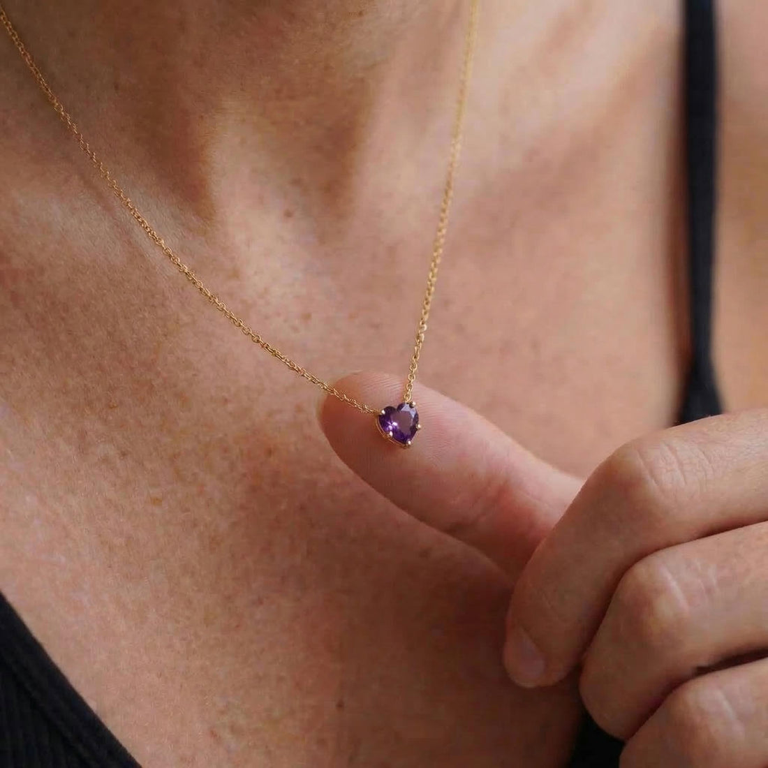 Dainty Gold Amethyst Heart Necklace, February Birthstone Pendant, Delicate Gold Love Jewelry Gift for Her, Anniversary Birthday