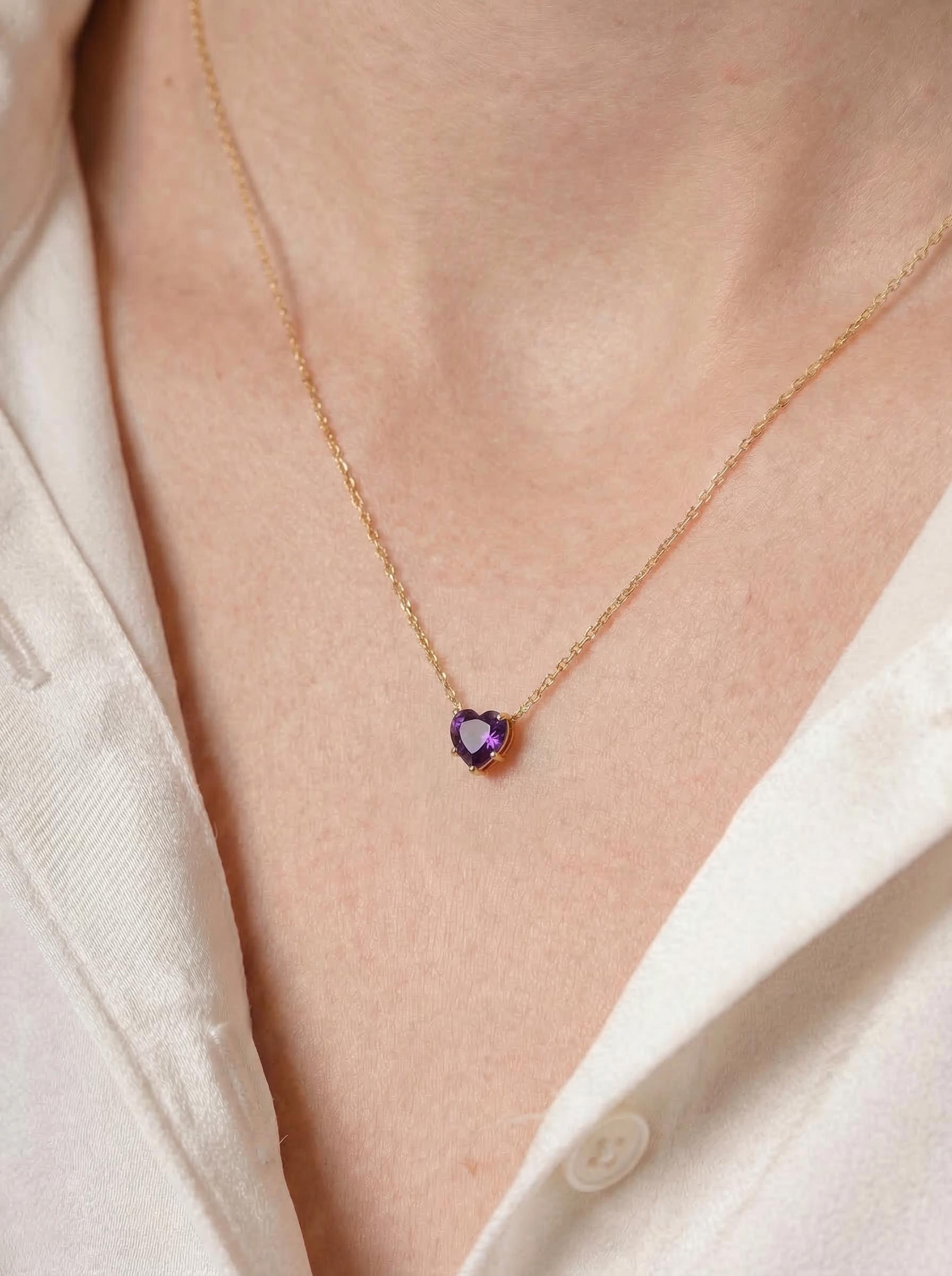 Dainty Gold Amethyst Heart Necklace, February Birthstone Pendant, Delicate Gold Love Jewelry Gift for Her, Anniversary Birthday