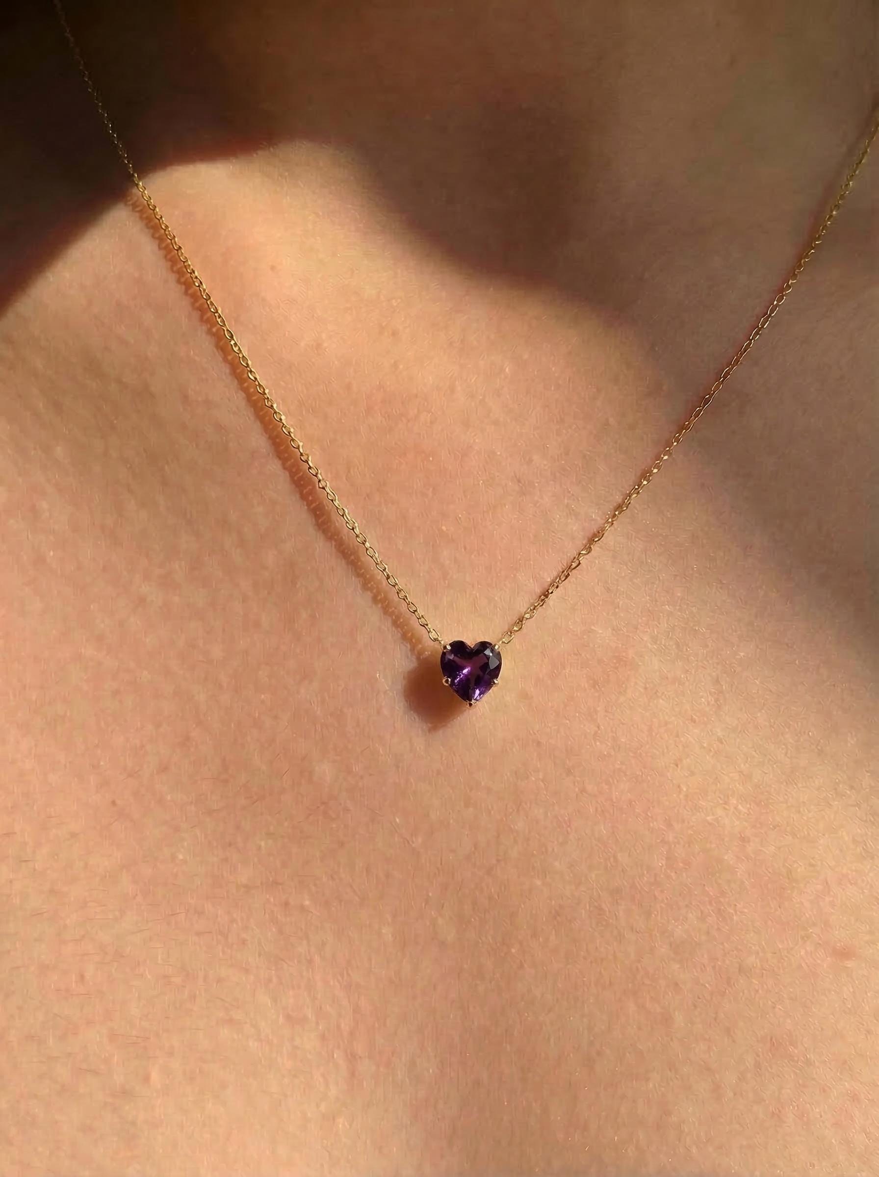 Dainty Gold Amethyst Heart Necklace, February Birthstone Pendant, Delicate Gold Love Jewelry Gift for Her, Anniversary Birthday
