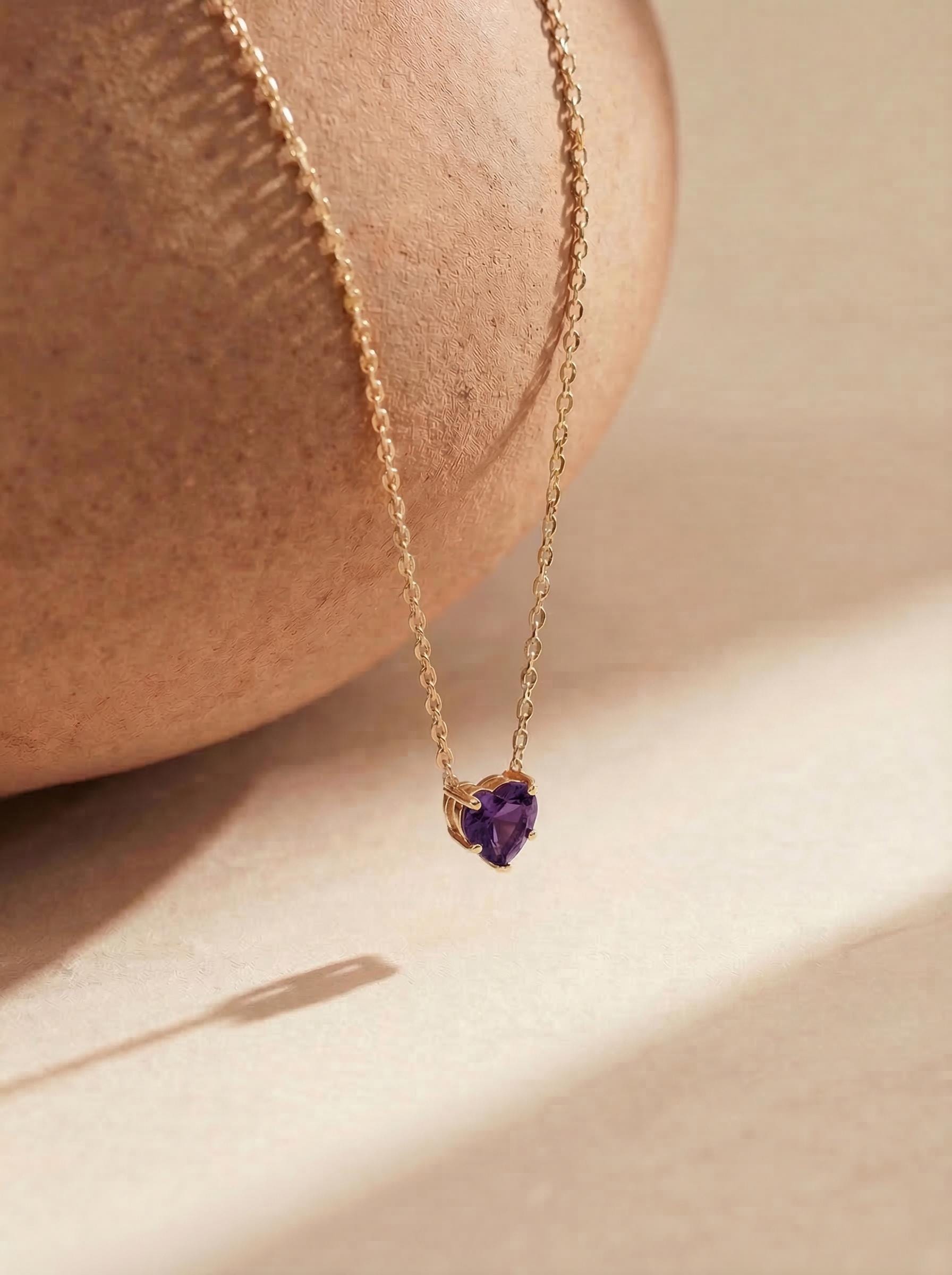 Dainty Gold Amethyst Heart Necklace, February Birthstone Pendant, Delicate Gold Love Jewelry Gift for Her, Anniversary Birthday