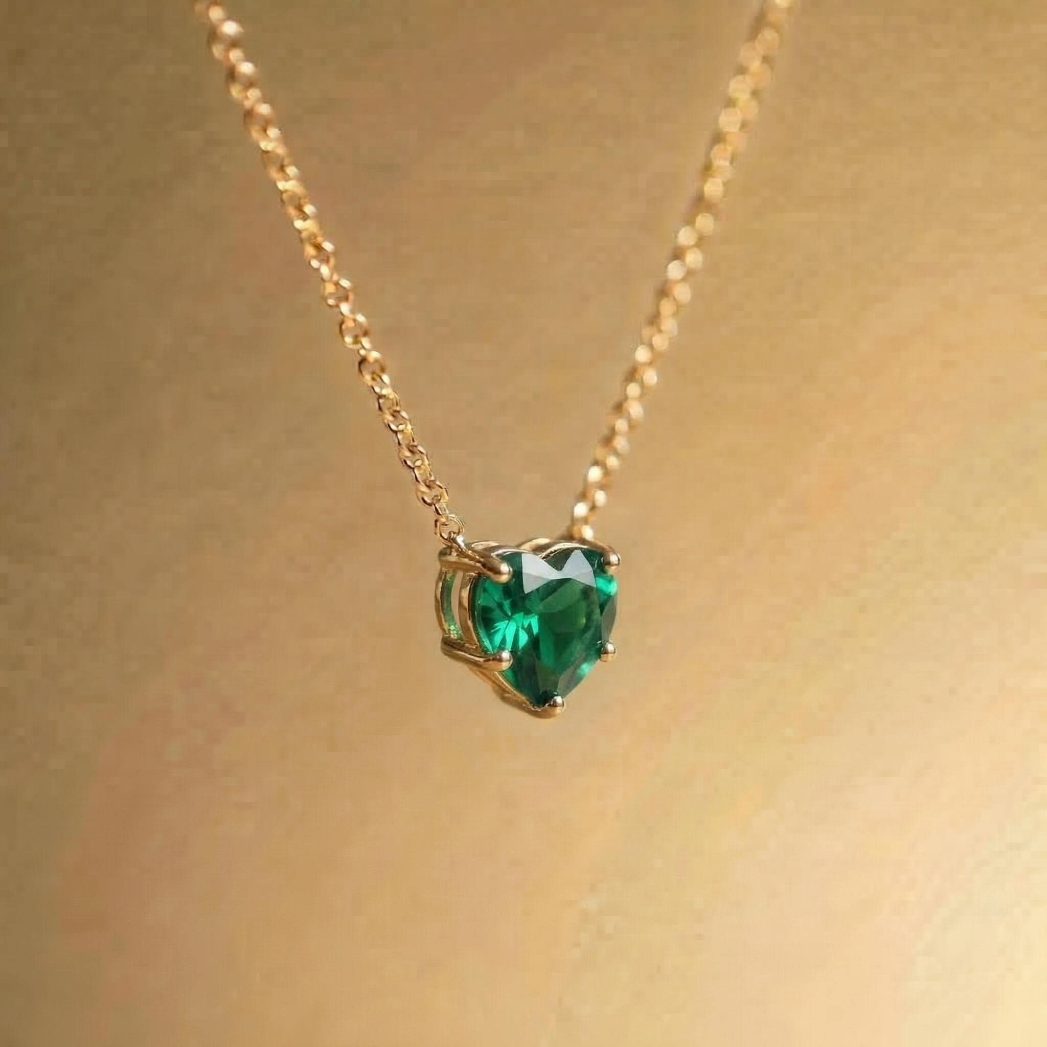 Dainty Emerald Green Heart Necklace, Gold Plated Love Pendant, Minimalist Jewelry Gift for Her, May Birthstone, Anniversary