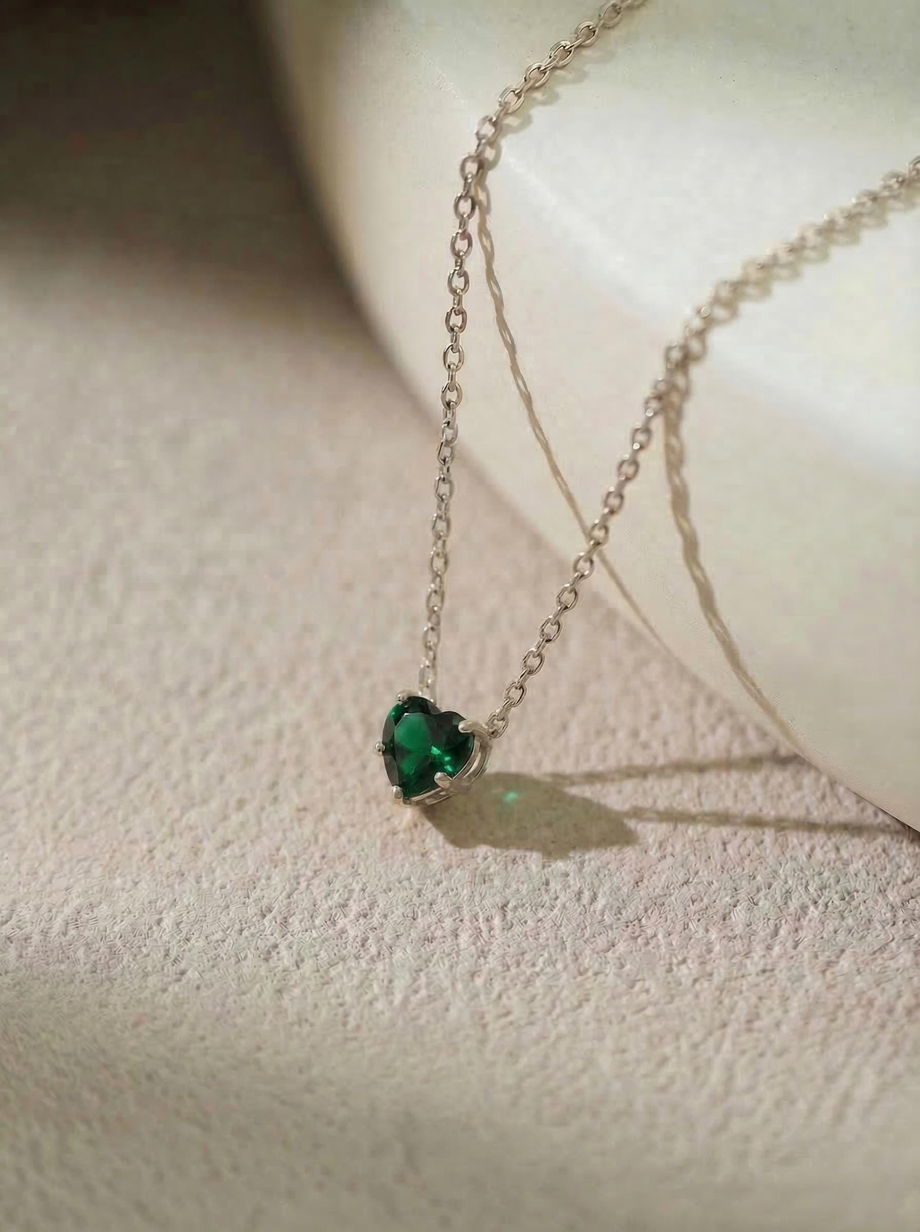 Dainty Emerald Green Heart Necklace, Gold Plated Love Pendant, Minimalist Jewelry Gift for Her, May Birthstone, Anniversary
