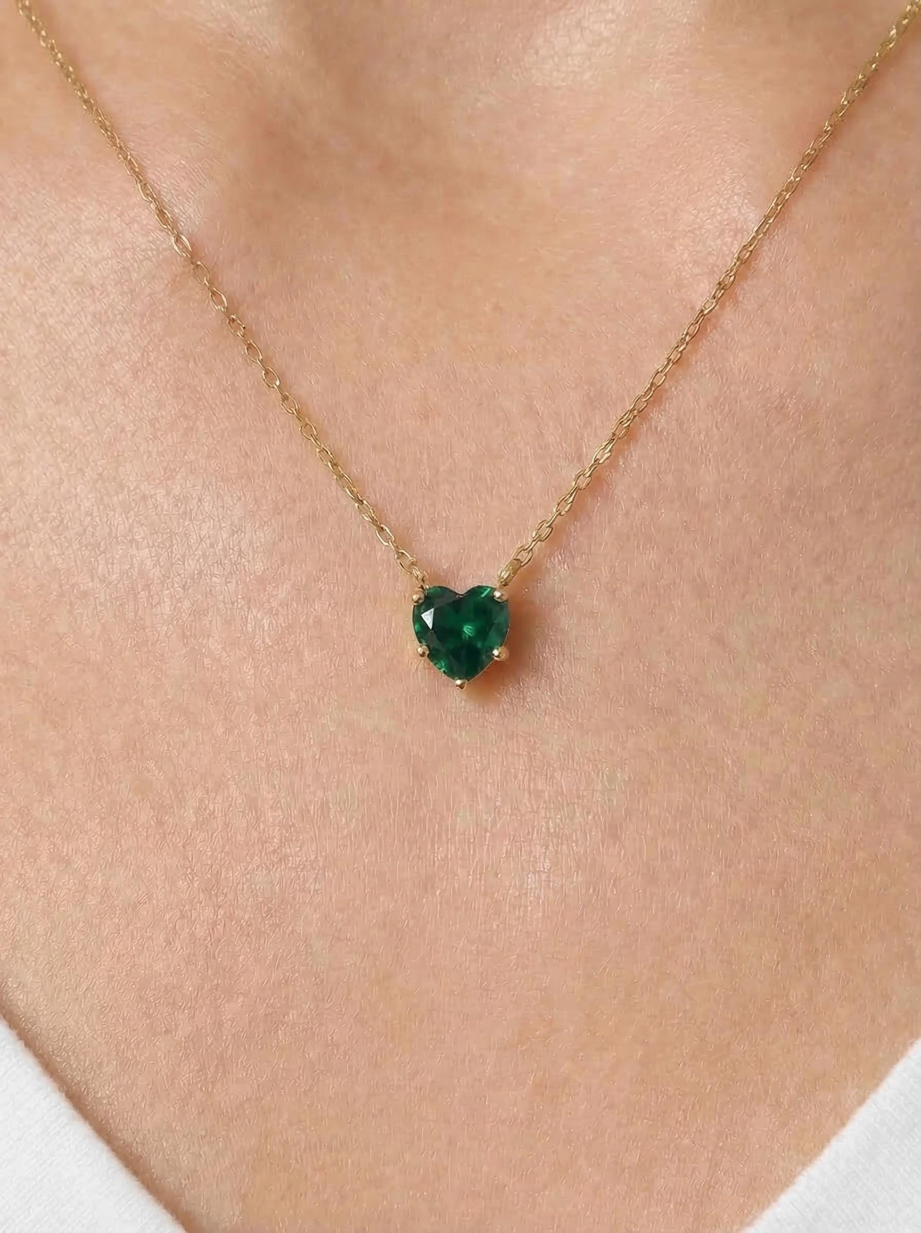 Dainty Emerald Green Heart Necklace, Gold Plated Love Pendant, Minimalist Jewelry Gift for Her, May Birthstone, Anniversary