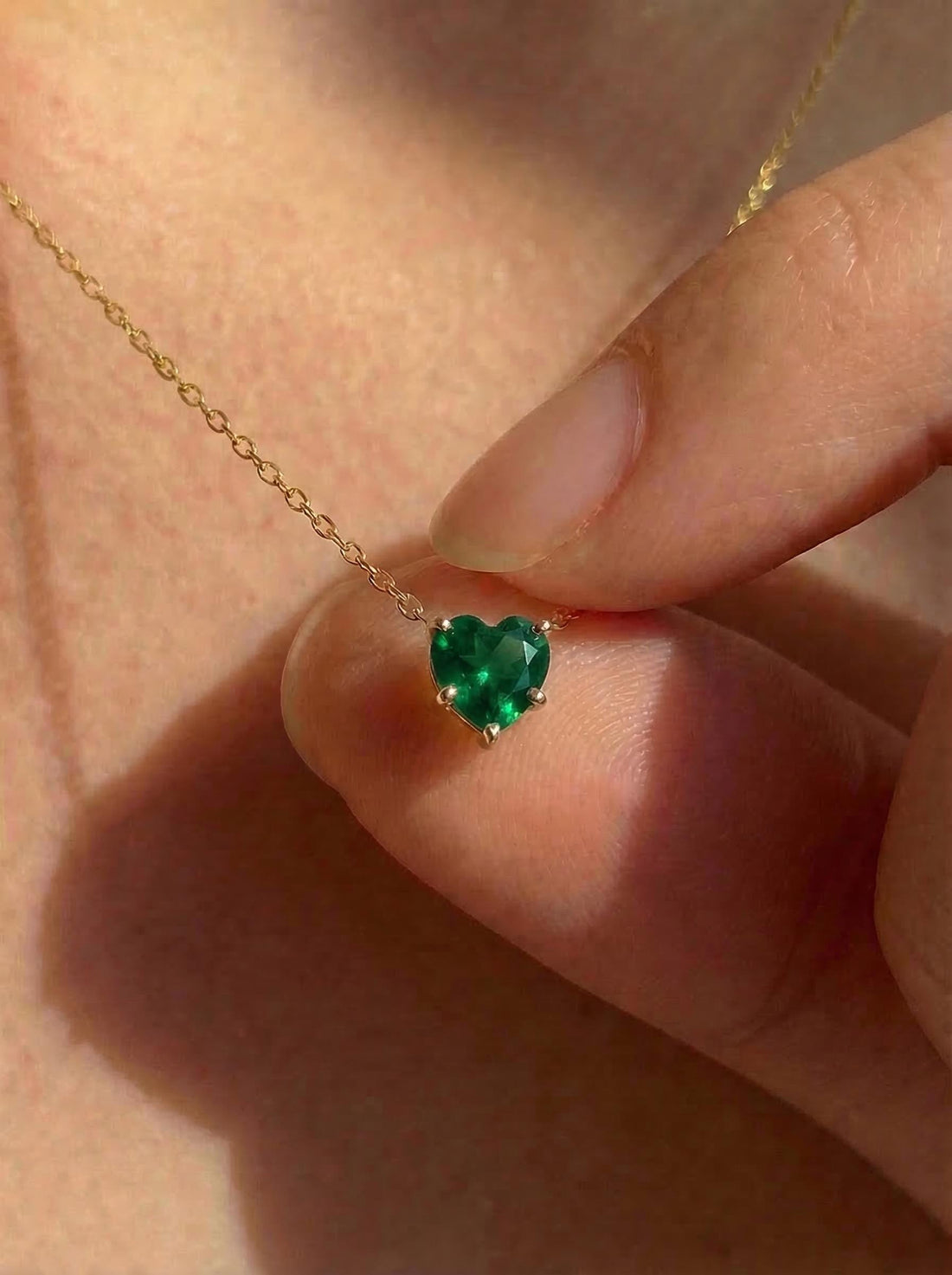 Dainty Emerald Green Heart Necklace, Gold Plated Love Pendant, Minimalist Jewelry Gift for Her, May Birthstone, Anniversary