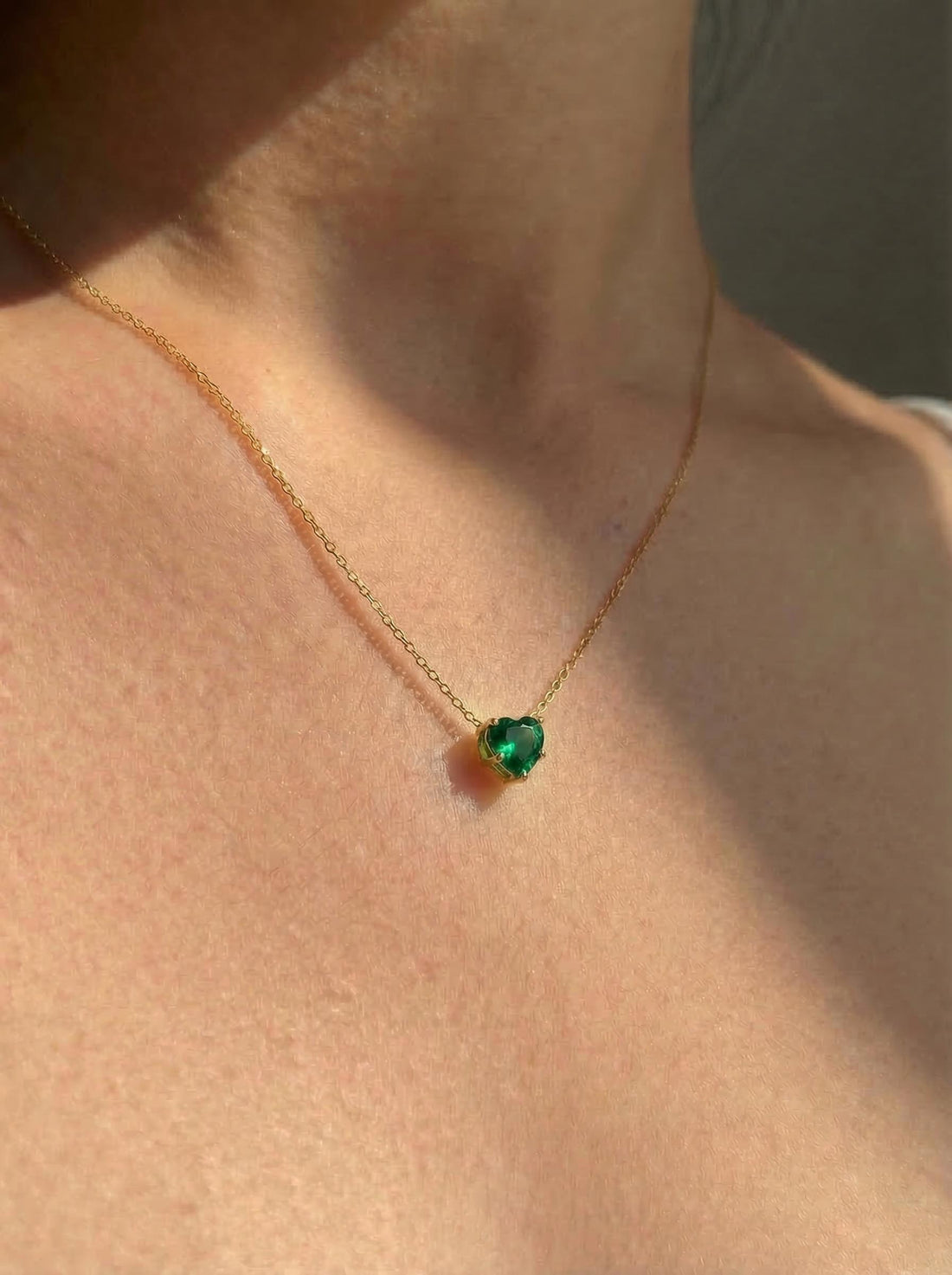 Dainty Emerald Green Heart Necklace, Gold Plated Love Pendant, Minimalist Jewelry Gift for Her, May Birthstone, Anniversary
