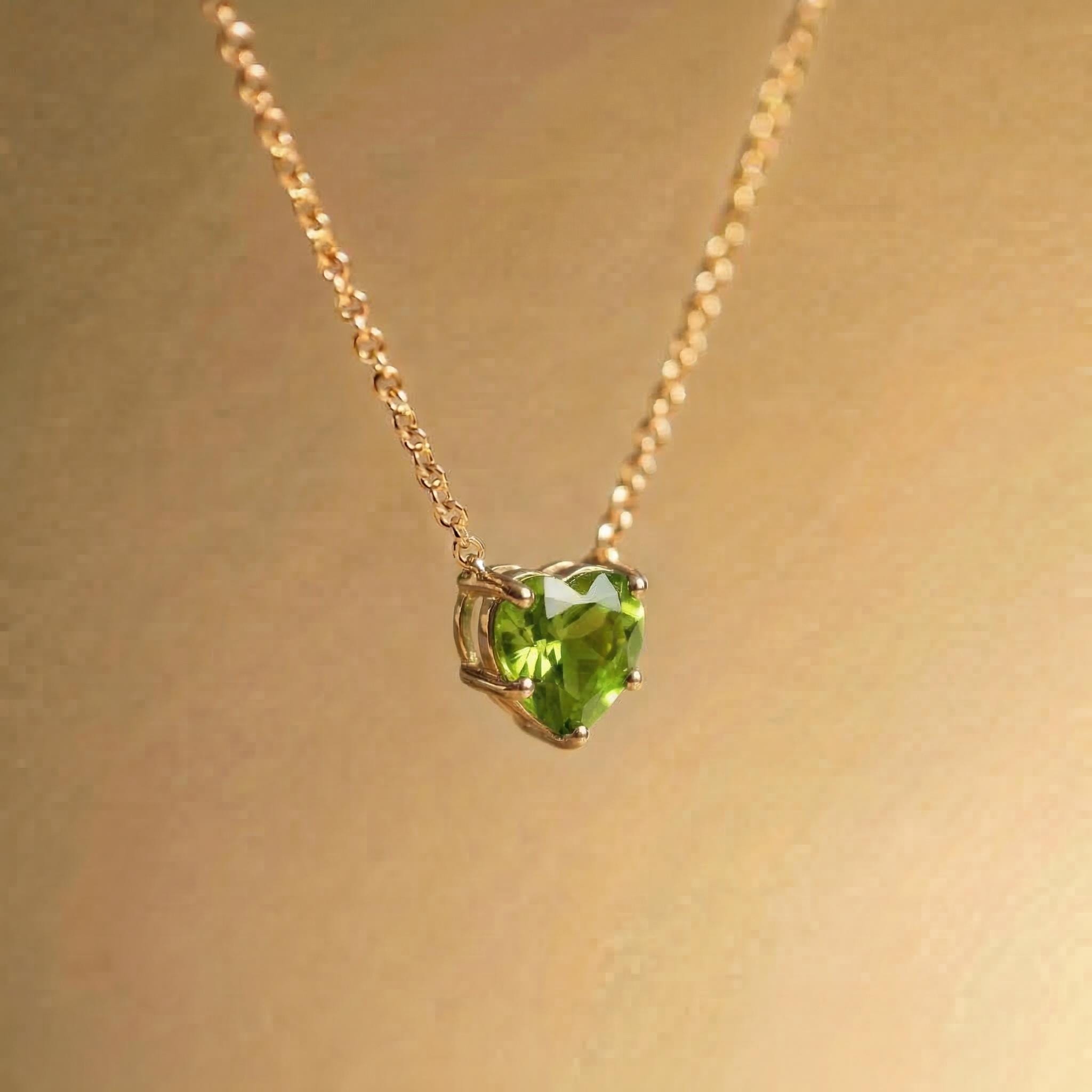 Dainty Gold Peridot Heart Necklace, August Birthstone Jewelry, Delicate Love Pendant, Minimalist Anniversary Gift for Her