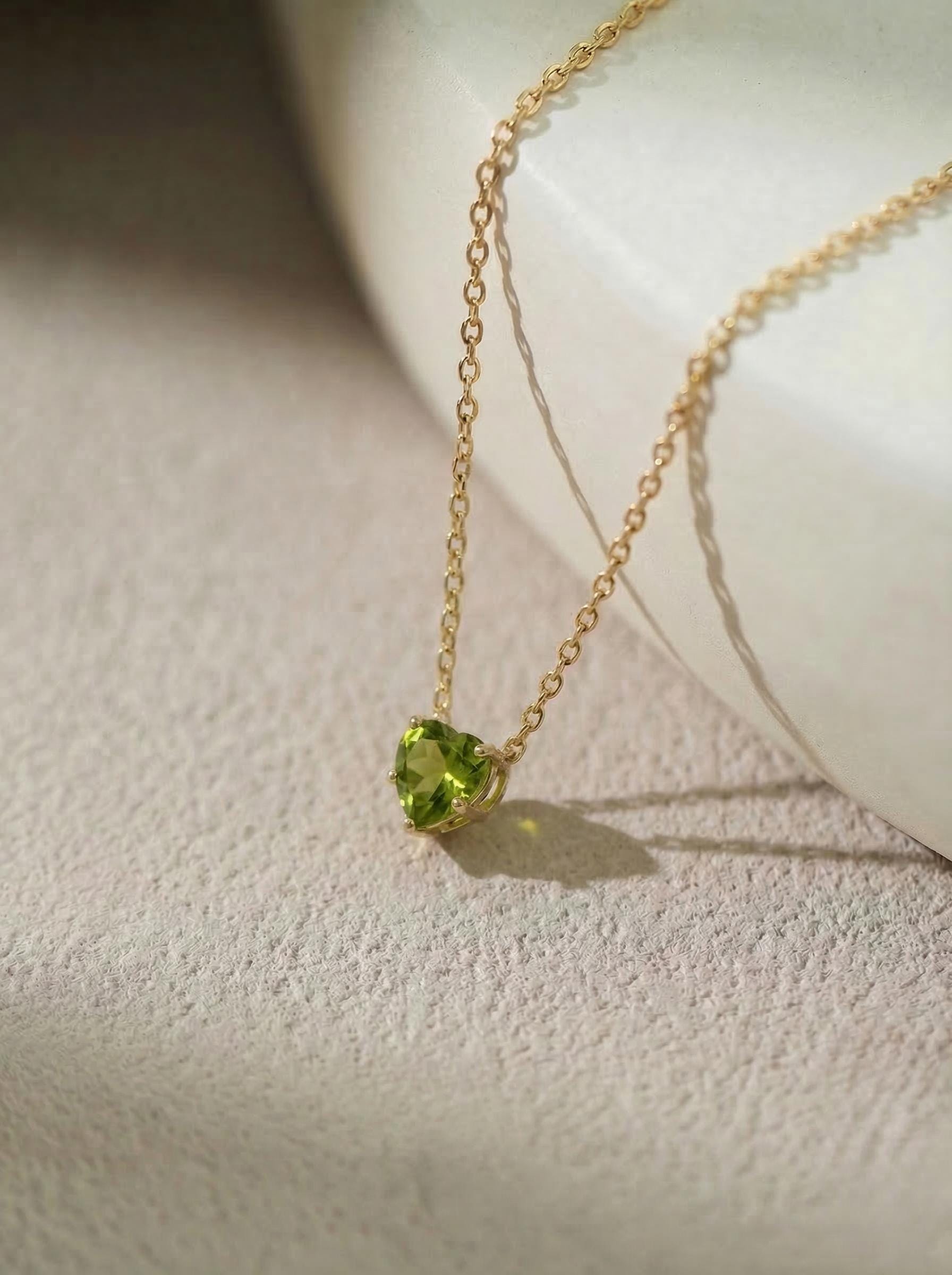Dainty Gold Peridot Heart Necklace, August Birthstone Jewelry, Delicate Love Pendant, Minimalist Anniversary Gift for Her