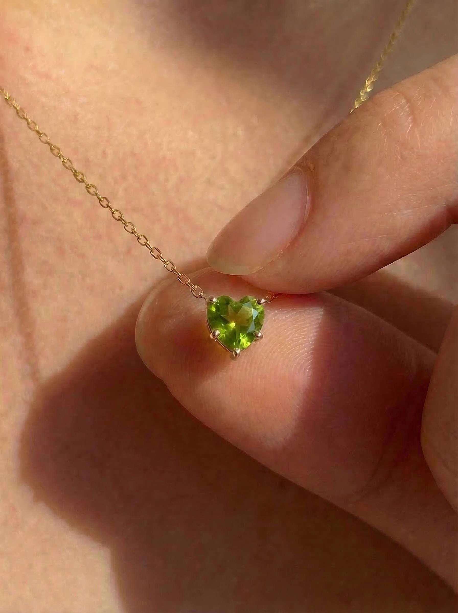 Dainty Gold Peridot Heart Necklace, August Birthstone Jewelry, Delicate Love Pendant, Minimalist Anniversary Gift for Her