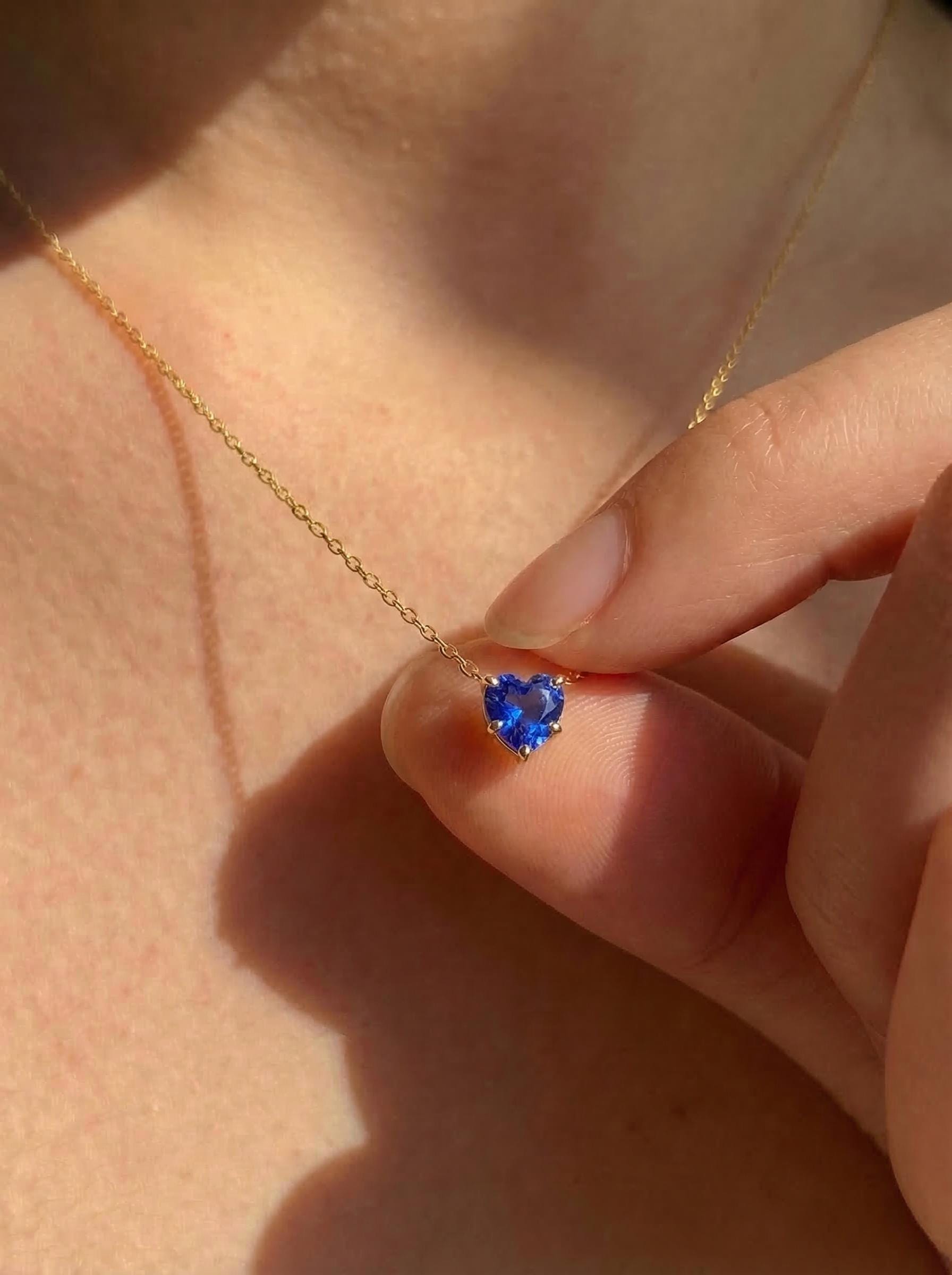 Dainty Gold Heart Sapphire Necklace | Delicate Blue Gemstone Pendant | September Birthstone Jewelry | Anniversary Gift for Her