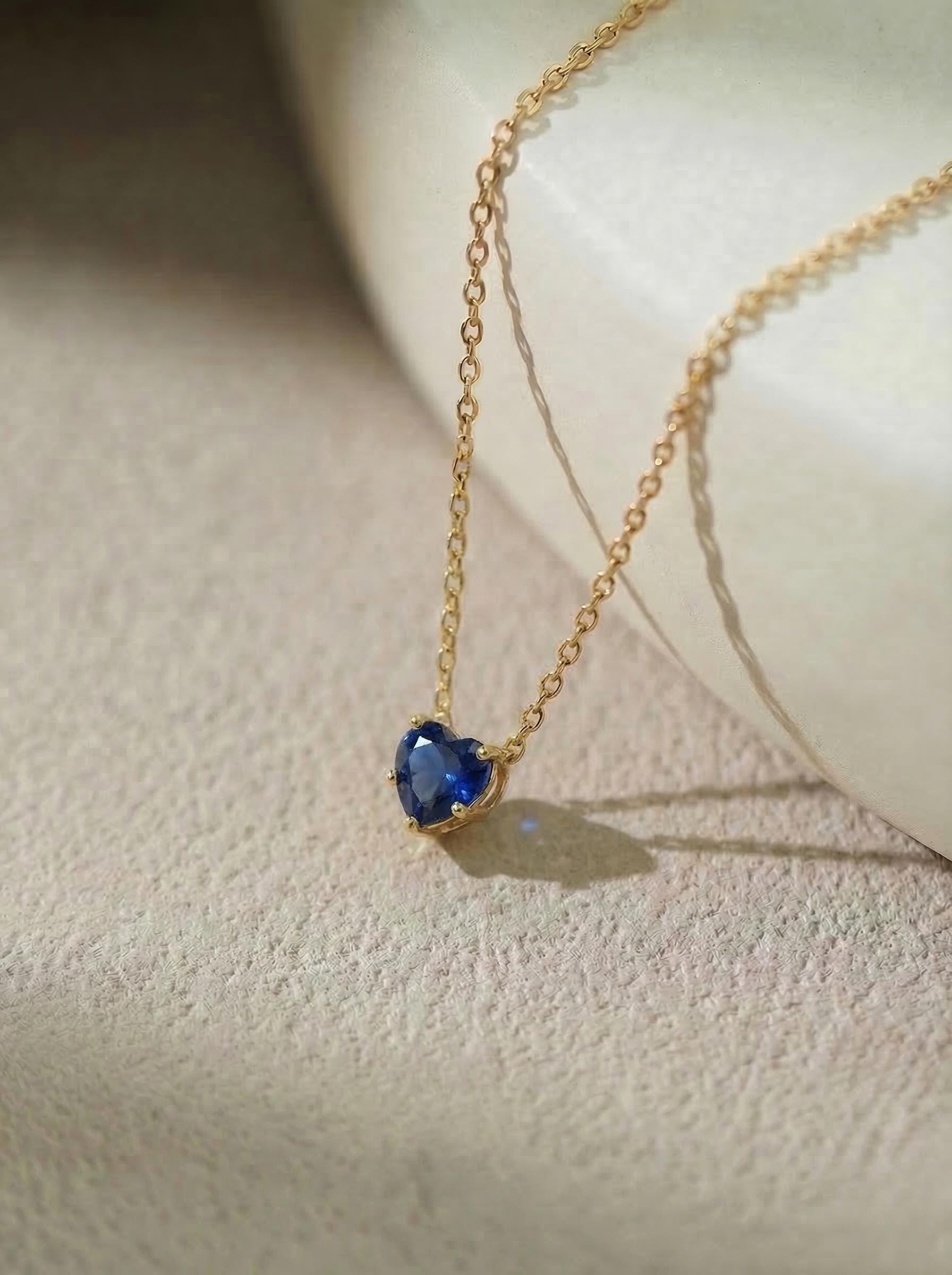 Dainty Gold Heart Sapphire Necklace | Delicate Blue Gemstone Pendant | September Birthstone Jewelry | Anniversary Gift for Her