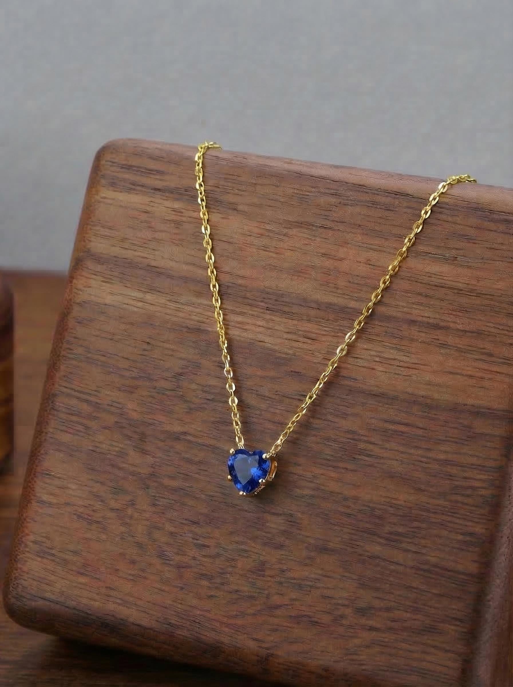 Dainty Gold Heart Sapphire Necklace | Delicate Blue Gemstone Pendant | September Birthstone Jewelry | Anniversary Gift for Her