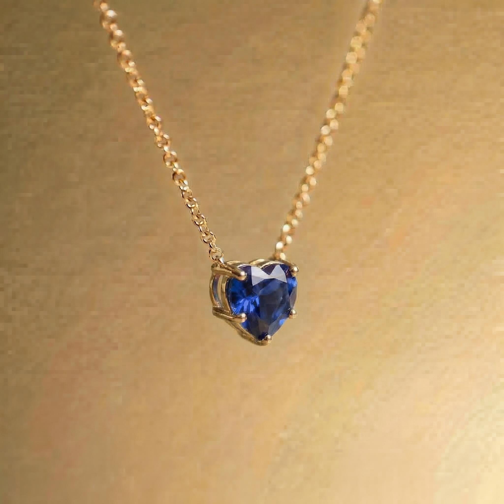 Dainty Gold Heart Sapphire Necklace | Delicate Blue Gemstone Pendant | September Birthstone Jewelry | Anniversary Gift for Her