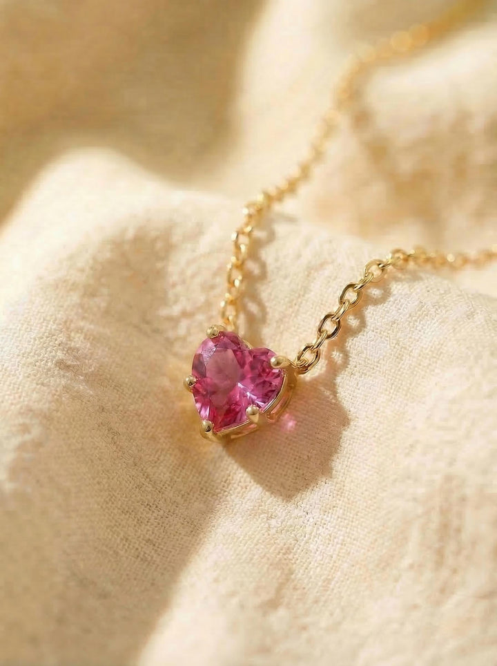 Dainty Pink Heart Necklace, Gold Chain Pendant, Romantic Gemstone Jewelry, Valentine's Day Gift for Her, Minimalist Love Charm