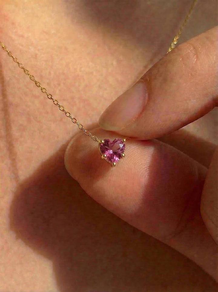 Dainty Pink Heart Necklace, Gold Chain Pendant, Romantic Gemstone Jewelry, Valentine's Day Gift for Her, Minimalist Love Charm