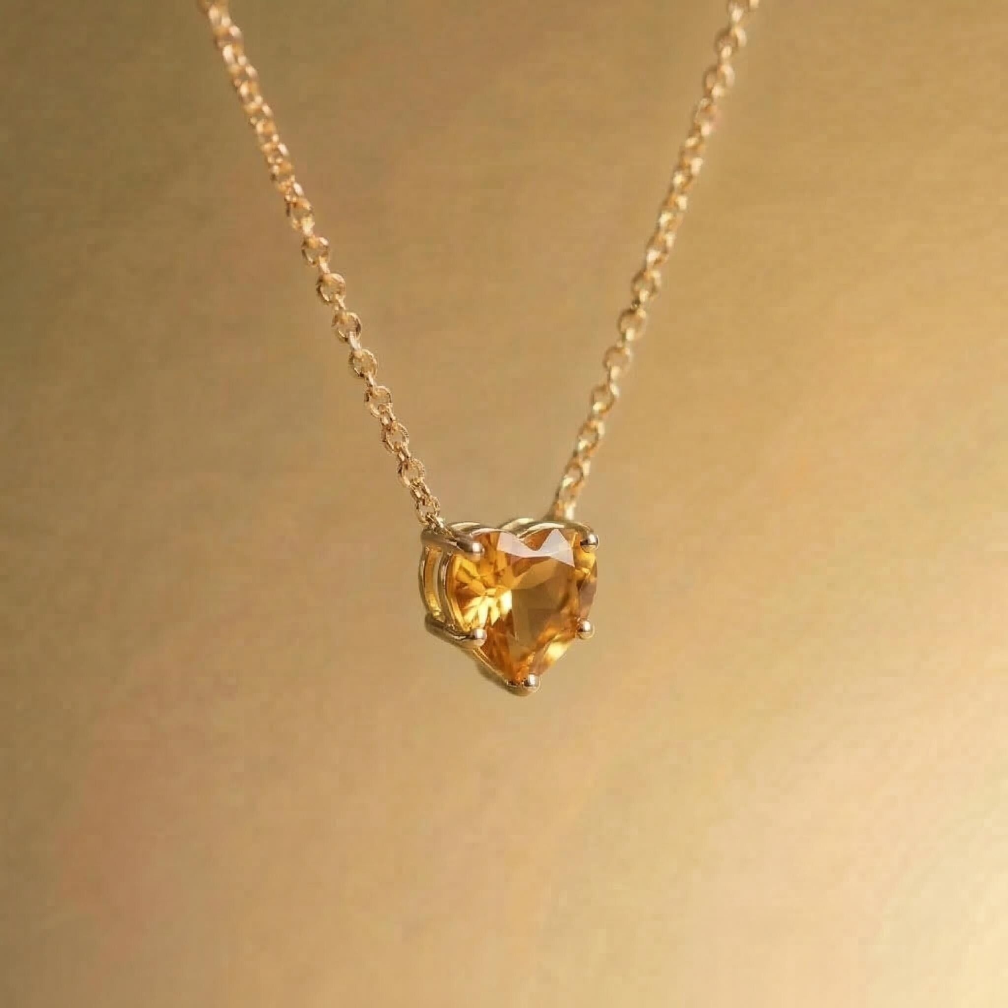 Dainty Gold Heart Citrine Necklace, Minimalist November Birthstone Jewelry, Delicate Gemstone Pendant, Romantic Gift for Her