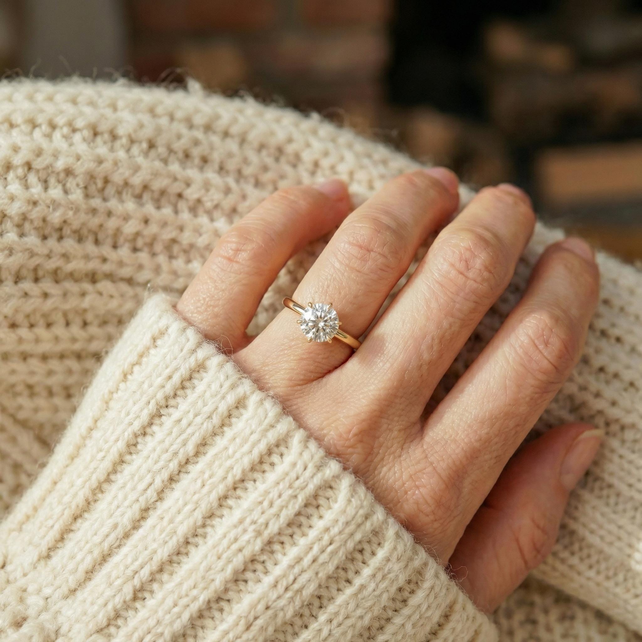 6-Prong Solitaire Engagement Ring, 1.0ct - 2.0ct Round Moissanite Ring, 14K Solid Gold Anniversary Ring, April Birthstone Promise Ring