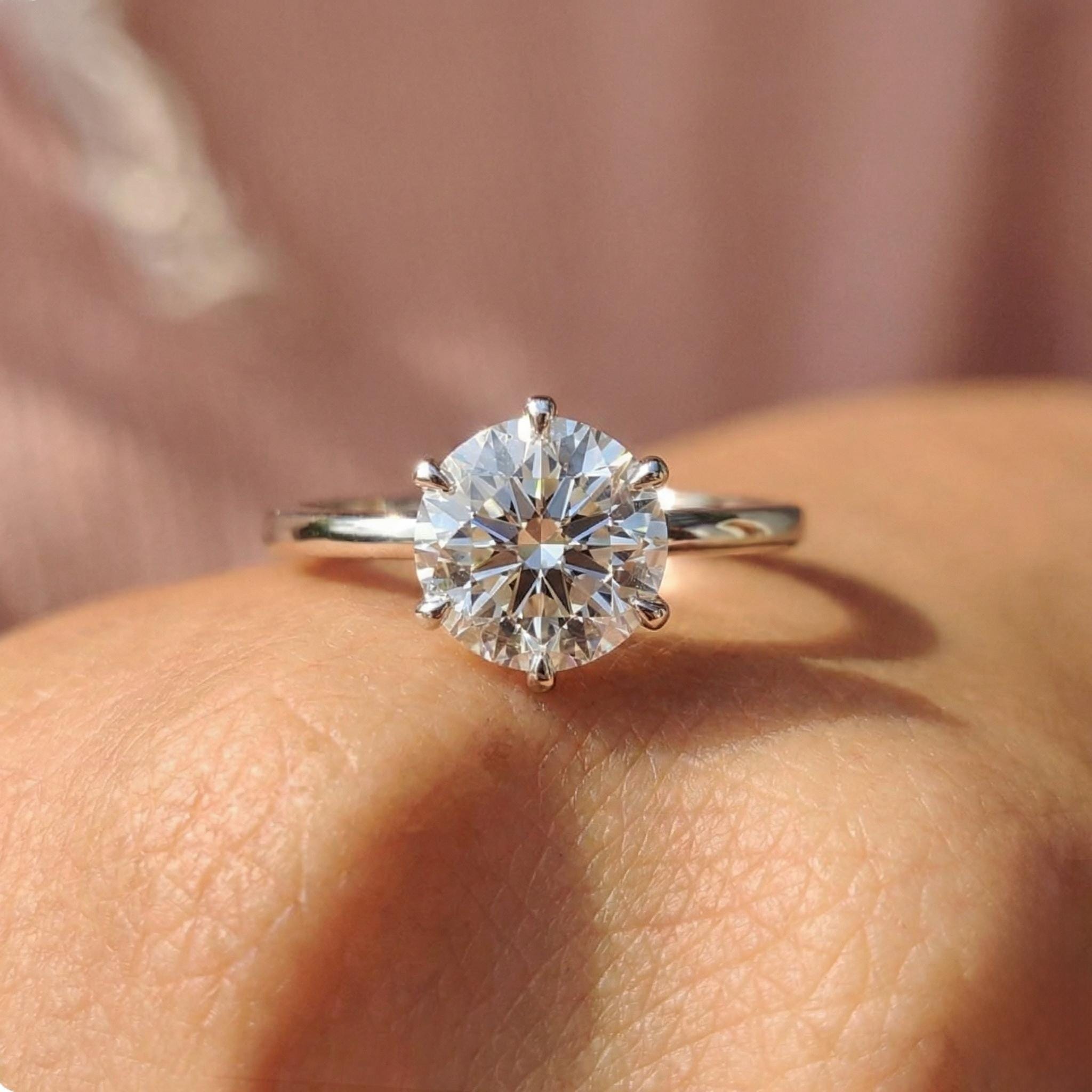 6-Prong Solitaire Engagement Ring, 1.0ct - 2.0ct Round Moissanite Ring, 14K Solid Gold Anniversary Ring, April Birthstone Promise Ring