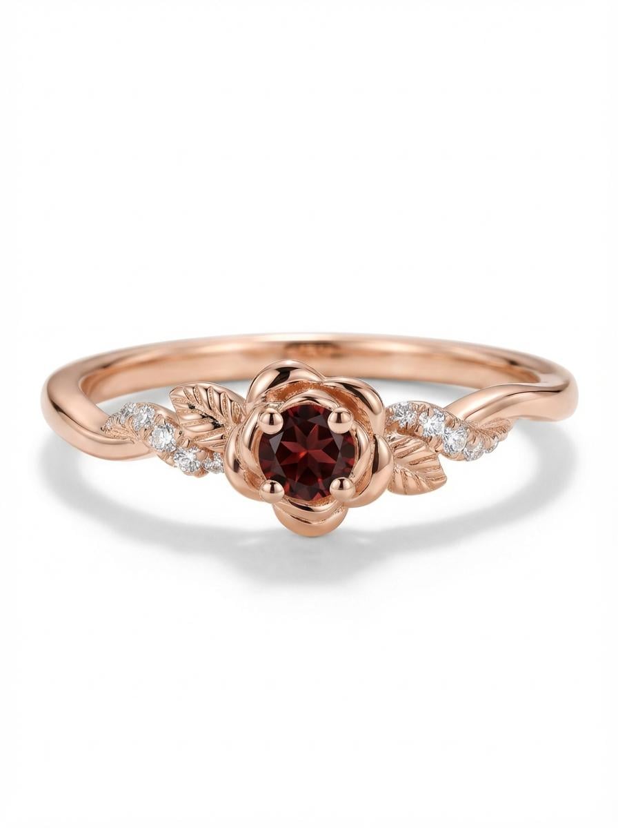 Flower Garnet Engagement Ring, Floral Twist Promise Ring for Women, Nature Inspired Leaf Wedding Ring, January Birthstone