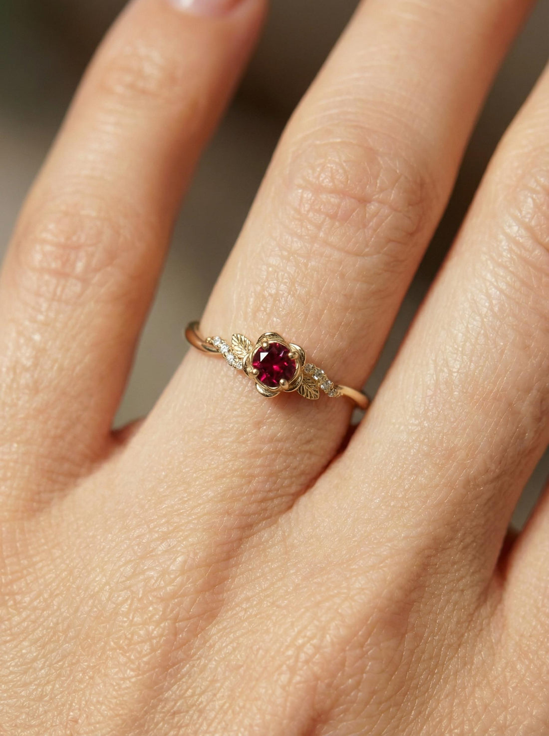 Flower Garnet Engagement Ring, Floral Twist Promise Ring for Women, Nature Inspired Leaf Wedding Ring, January Birthstone