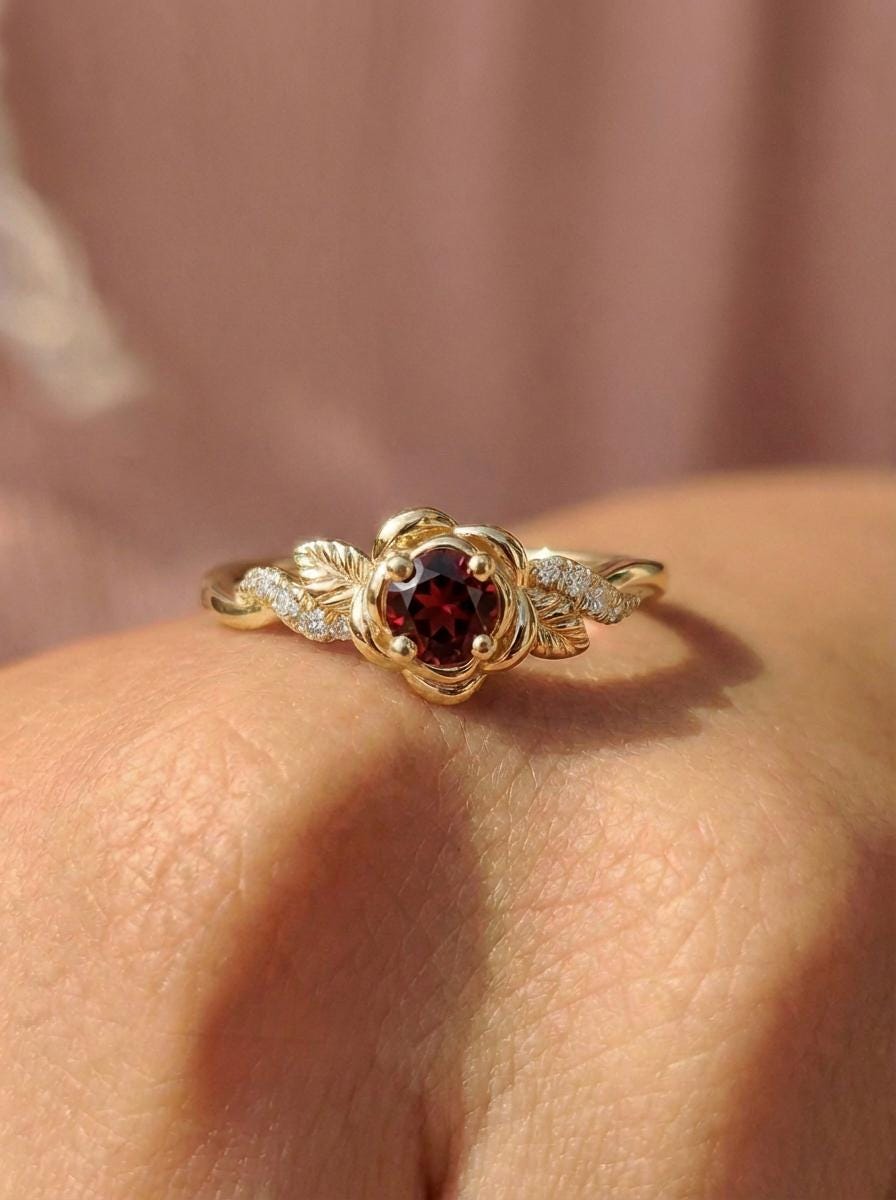 Flower Garnet Engagement Ring, Floral Twist Promise Ring for Women, Nature Inspired Leaf Wedding Ring, January Birthstone