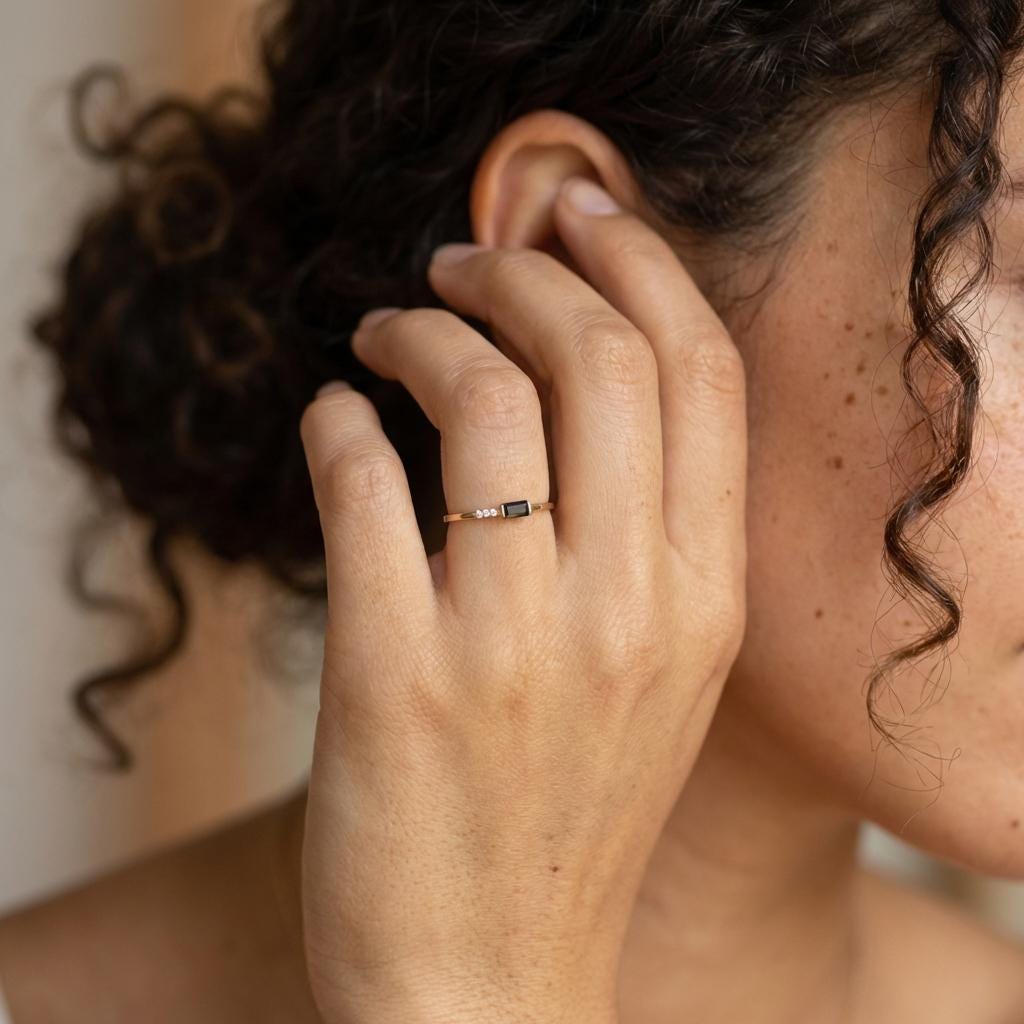 Dainty Baguette Black Diamond Ring, Minimalist Alternative Engagement Ring, Black Gemstone Ring for Her