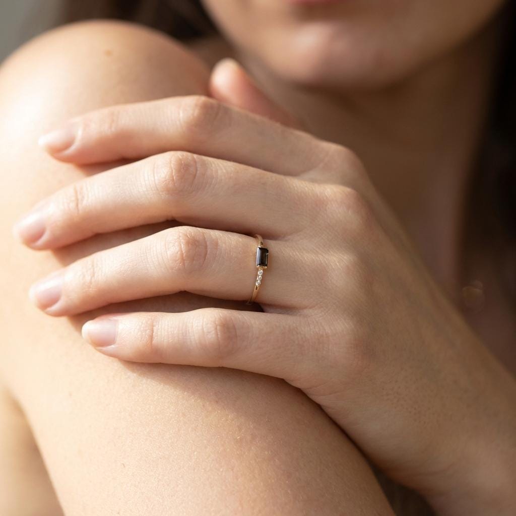 Dainty Baguette Black Diamond Ring, Minimalist Alternative Engagement Ring, Black Gemstone Ring for Her
