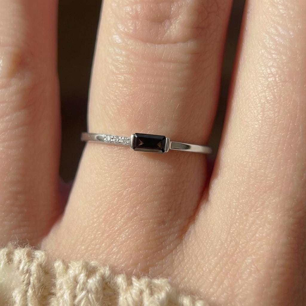 Dainty Baguette Black Diamond Ring, Minimalist Alternative Engagement Ring, Black Gemstone Ring for Her